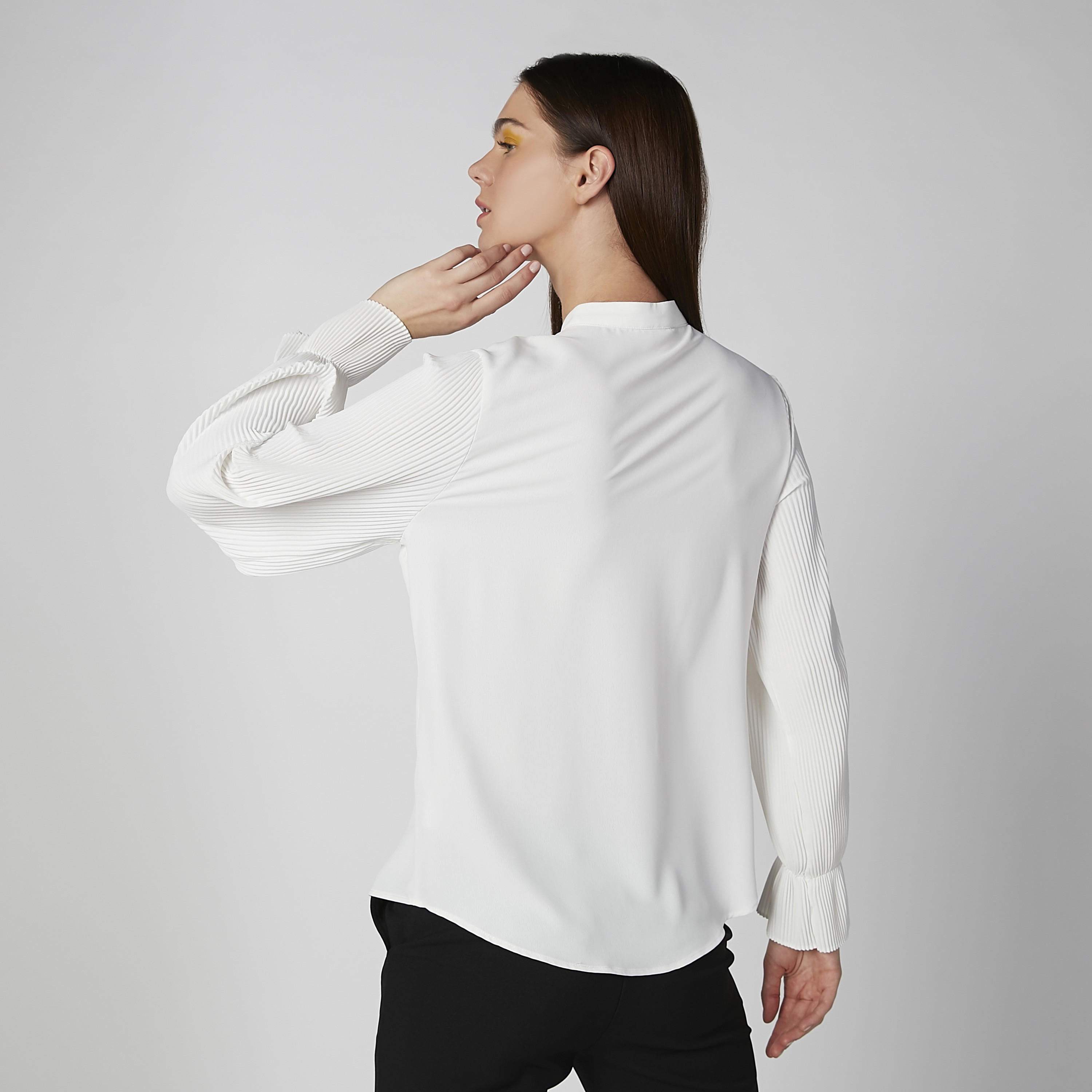 Plain Shirt with Pleated Long Sleeves and Concealed Placket-women-clothing-shirtsandblouses-shirts-image-4