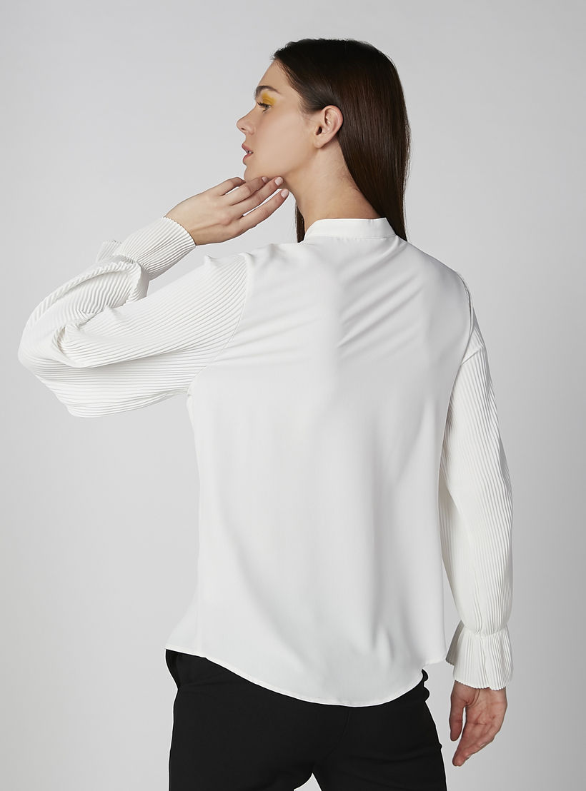 Plain Shirt with Pleated Long Sleeves and Concealed Placket-women-clothing-shirtsandblouses-shirts-image-4