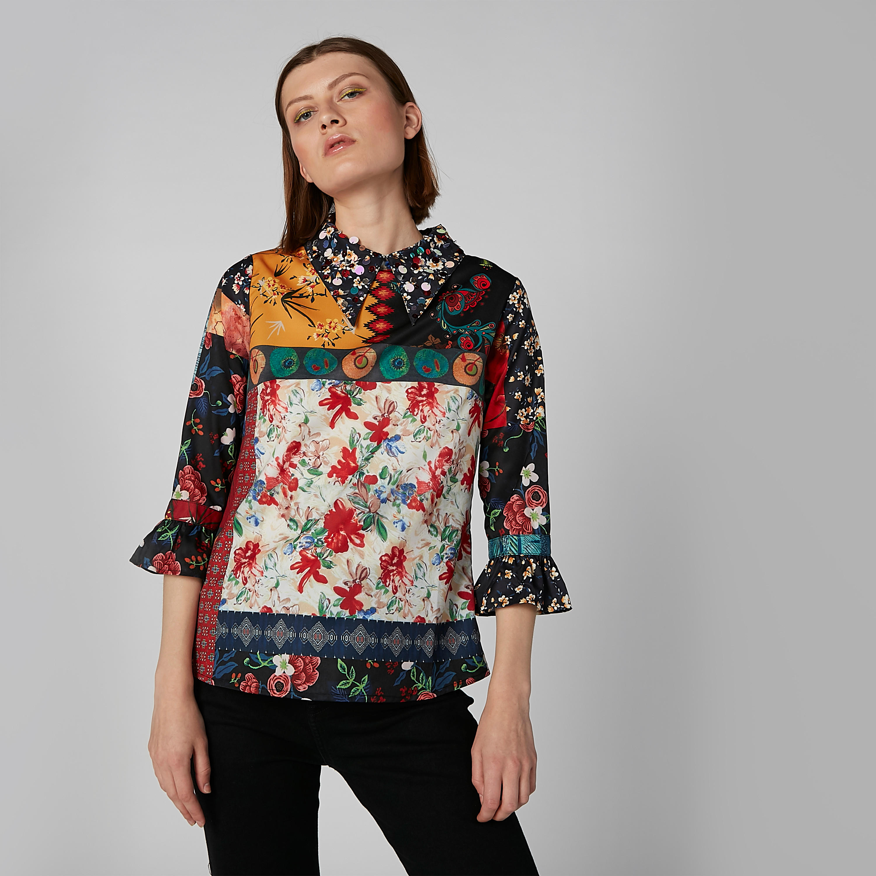 Printed Top with Collared Neck and 3/4 Sleeves-women-clothing-shirtsandblouses-blouses-image-1
