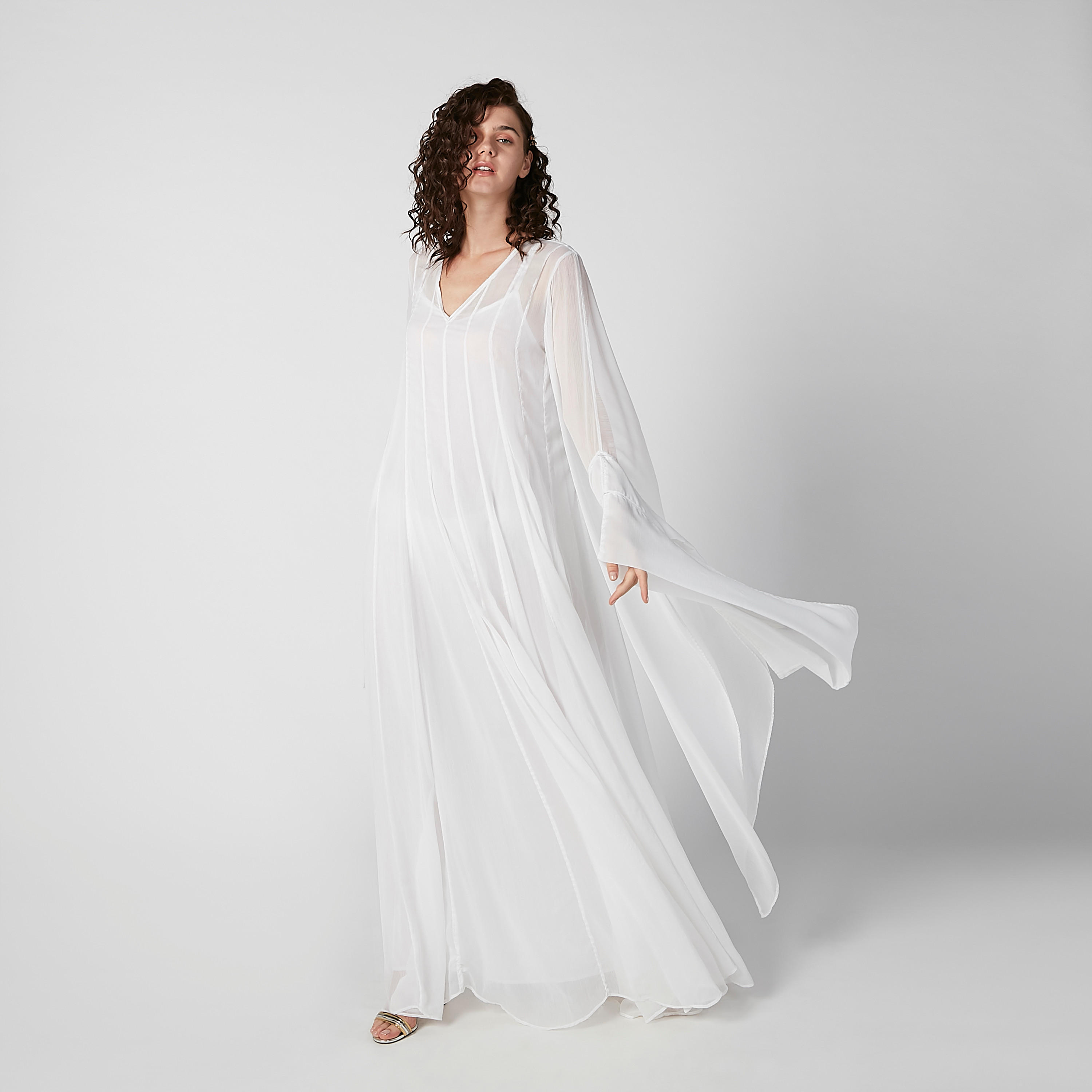 Plain Maxi A-line Dress with V-neck and Flared Sleeves-women-clothing-dresses-image-2