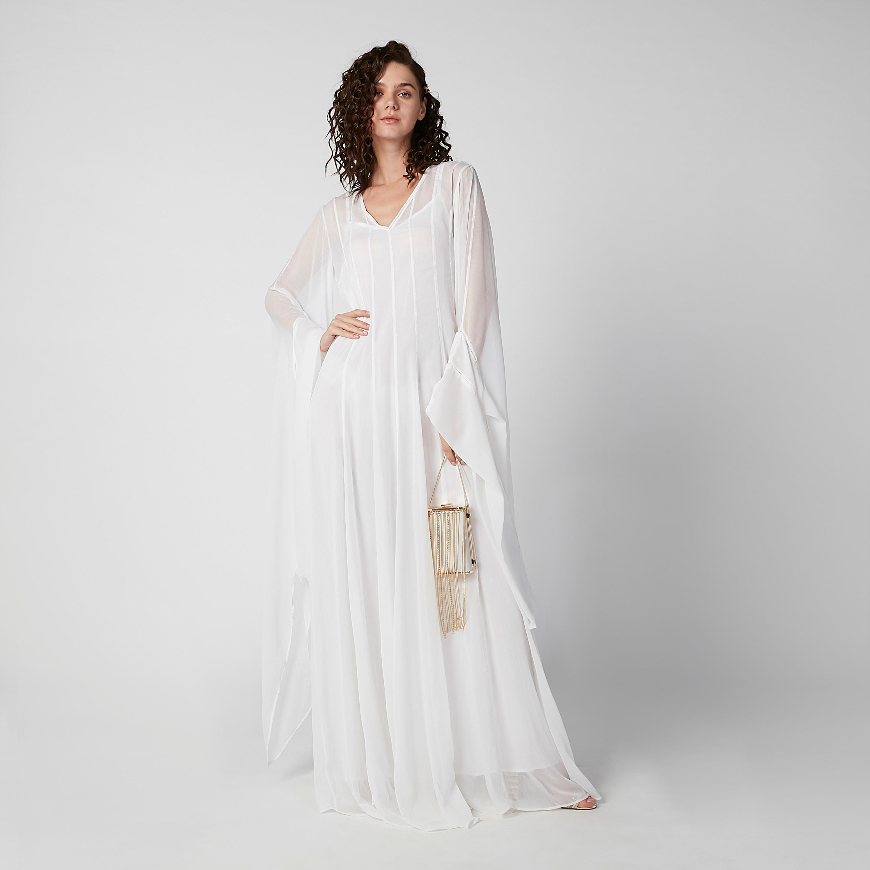 Plain Maxi A-line Dress with V-neck and Flared Sleeves-women-clothing-dresses-image-4
