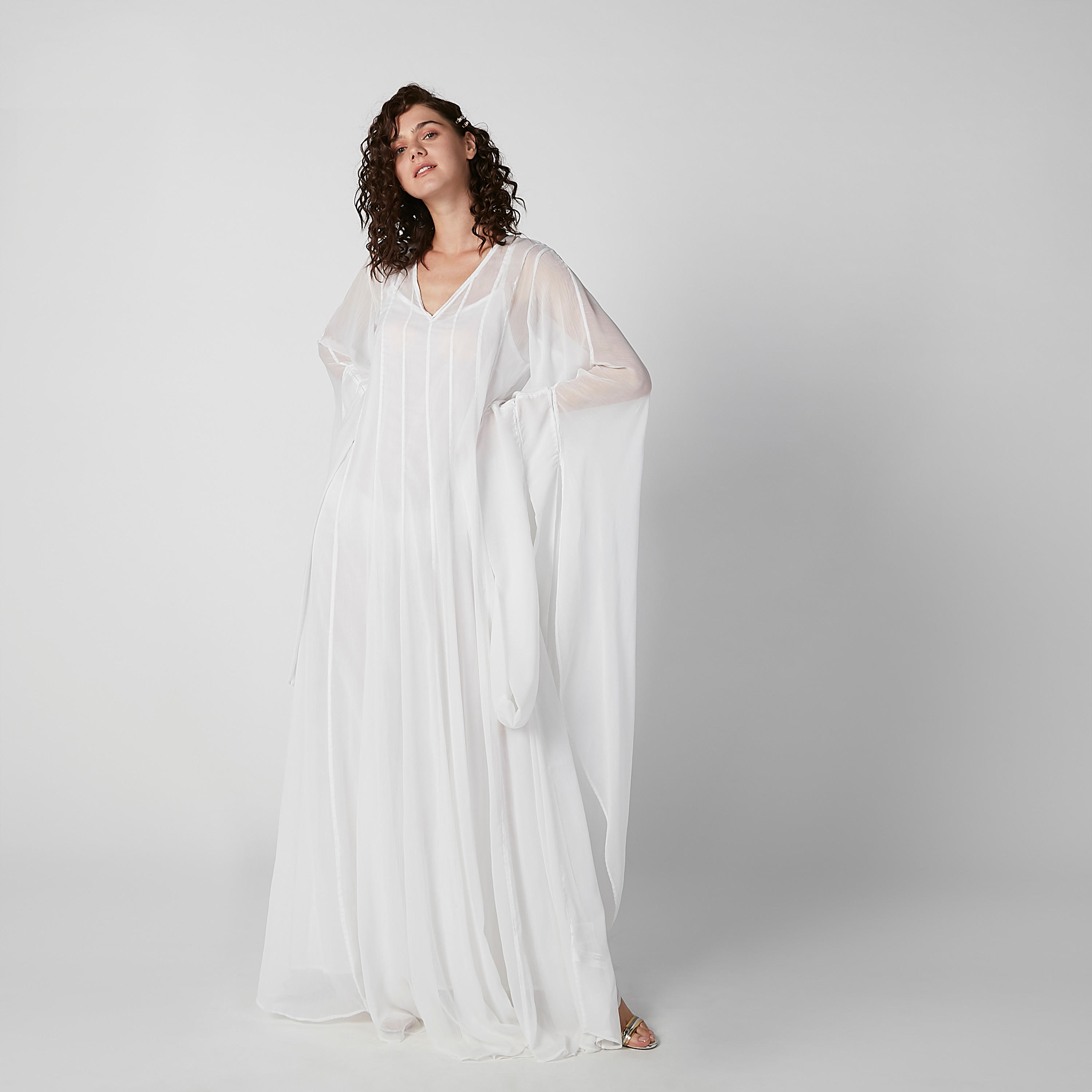 Plain Maxi A-line Dress with V-neck and Flared Sleeves-women-clothing-dresses-image-6