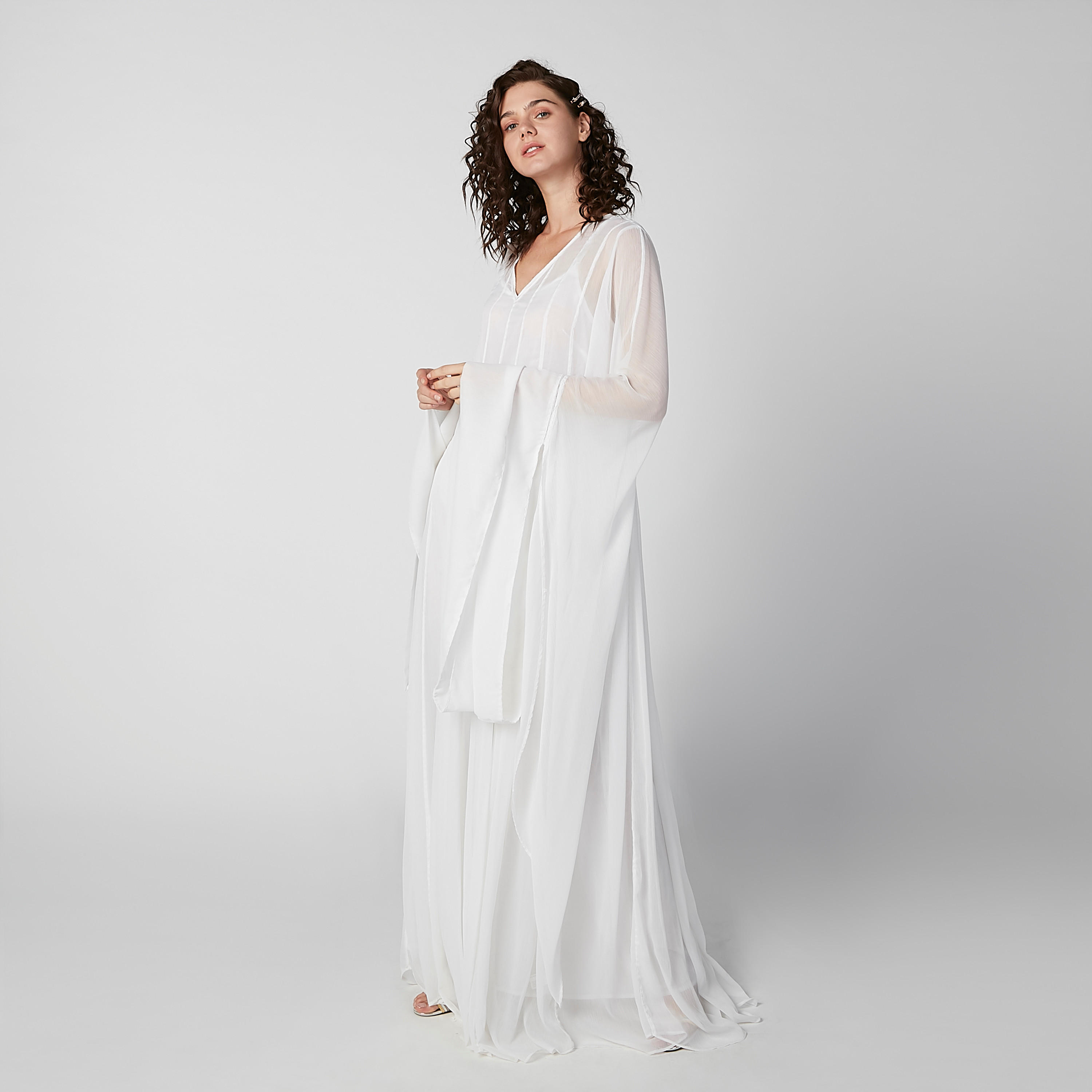 Plain Maxi A-line Dress with V-neck and Flared Sleeves-women-clothing-dresses-image-1