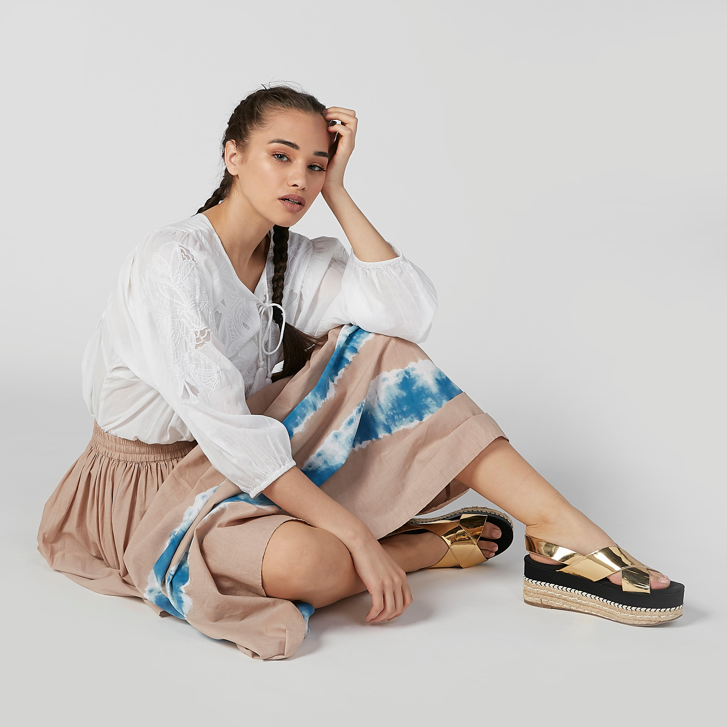 تنورة إيه لاين طويلة بخصر مطّاطي ورباط وطبعات-women-clothing-bottoms-skirts-image-1