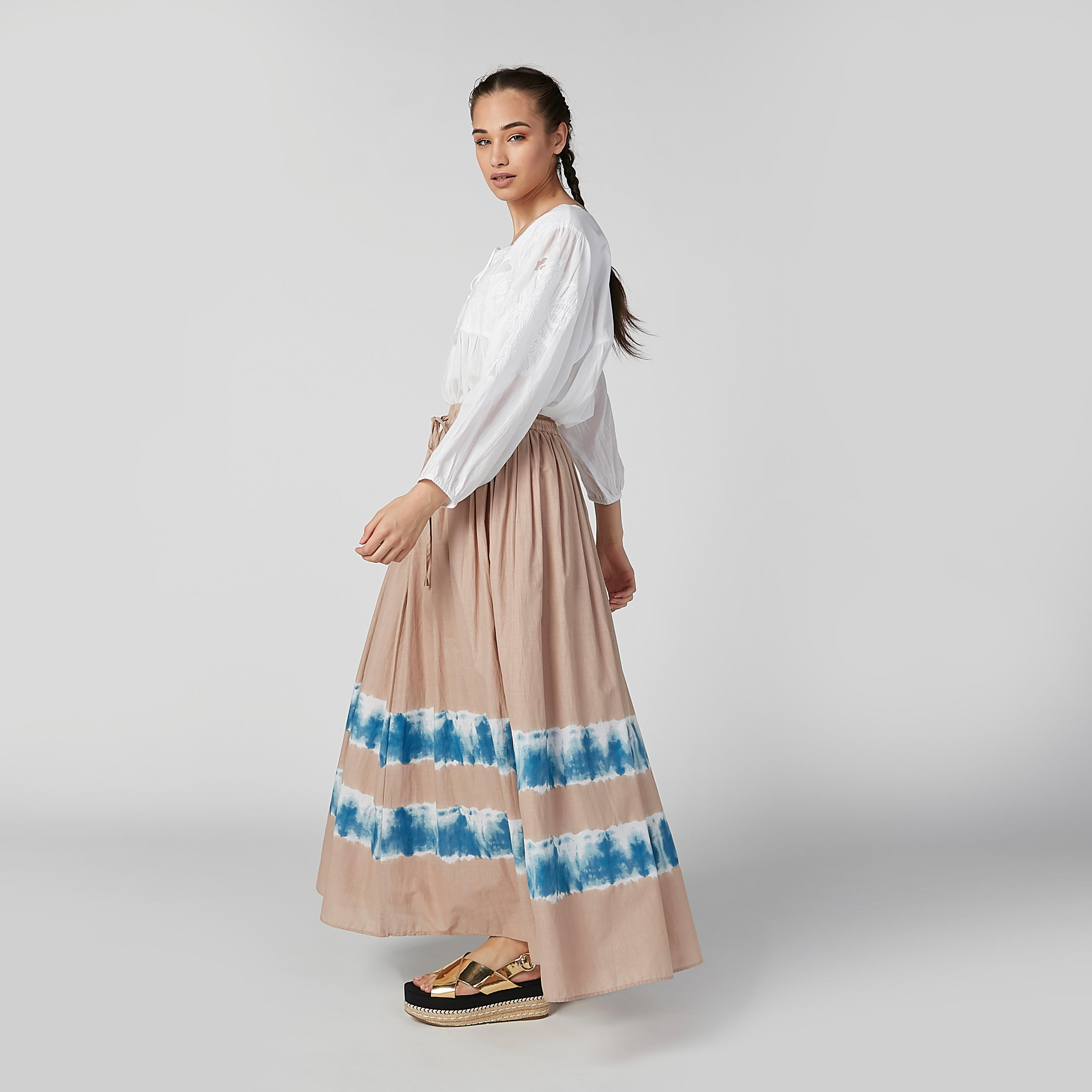 تنورة إيه لاين طويلة بخصر مطّاطي ورباط وطبعات-women-clothing-bottoms-skirts-image-3