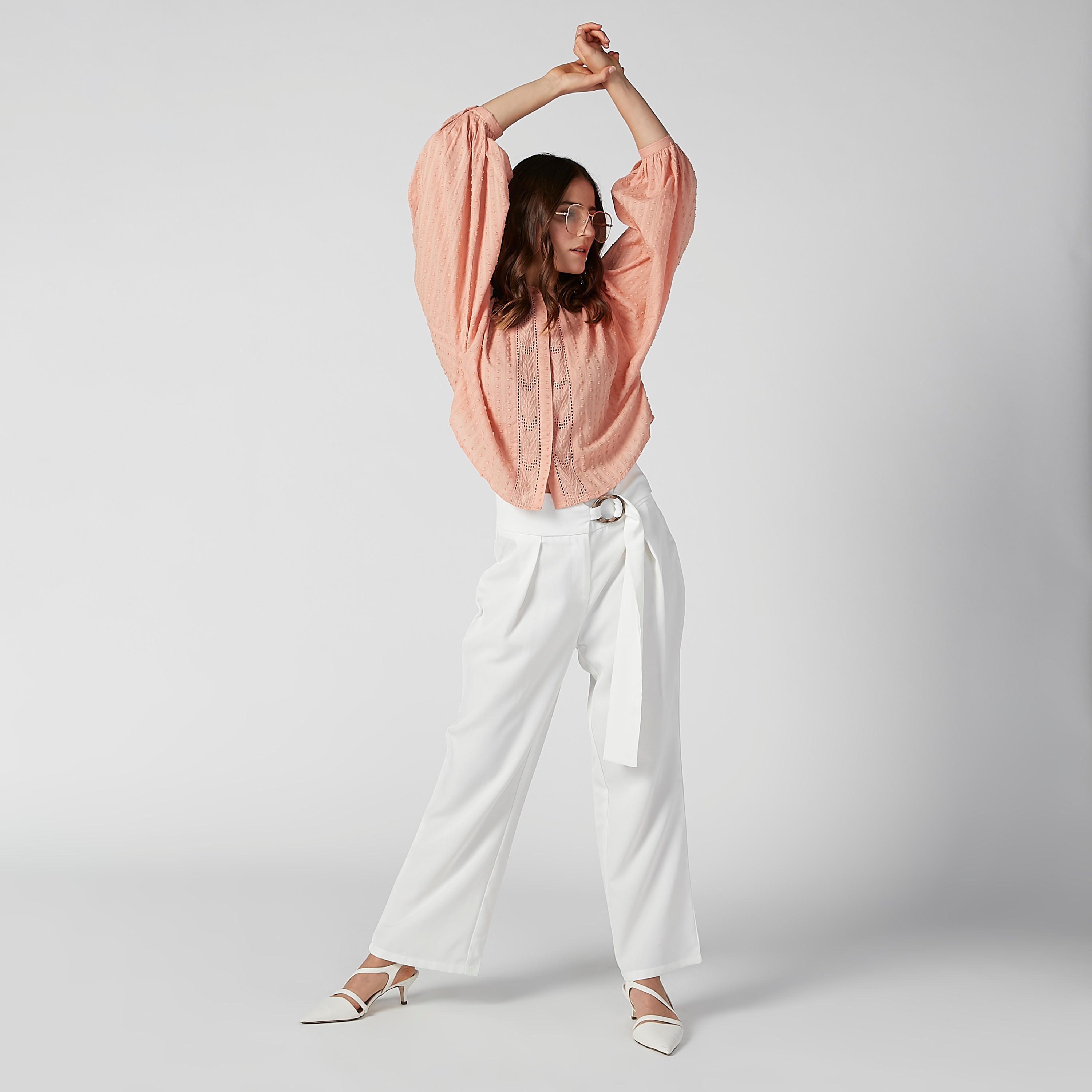بلوزة قصيرة بارزة الملمس بياقة ماندارين وأكمام 3/4-women-clothing-shirtsandblouses-blouses-image-2