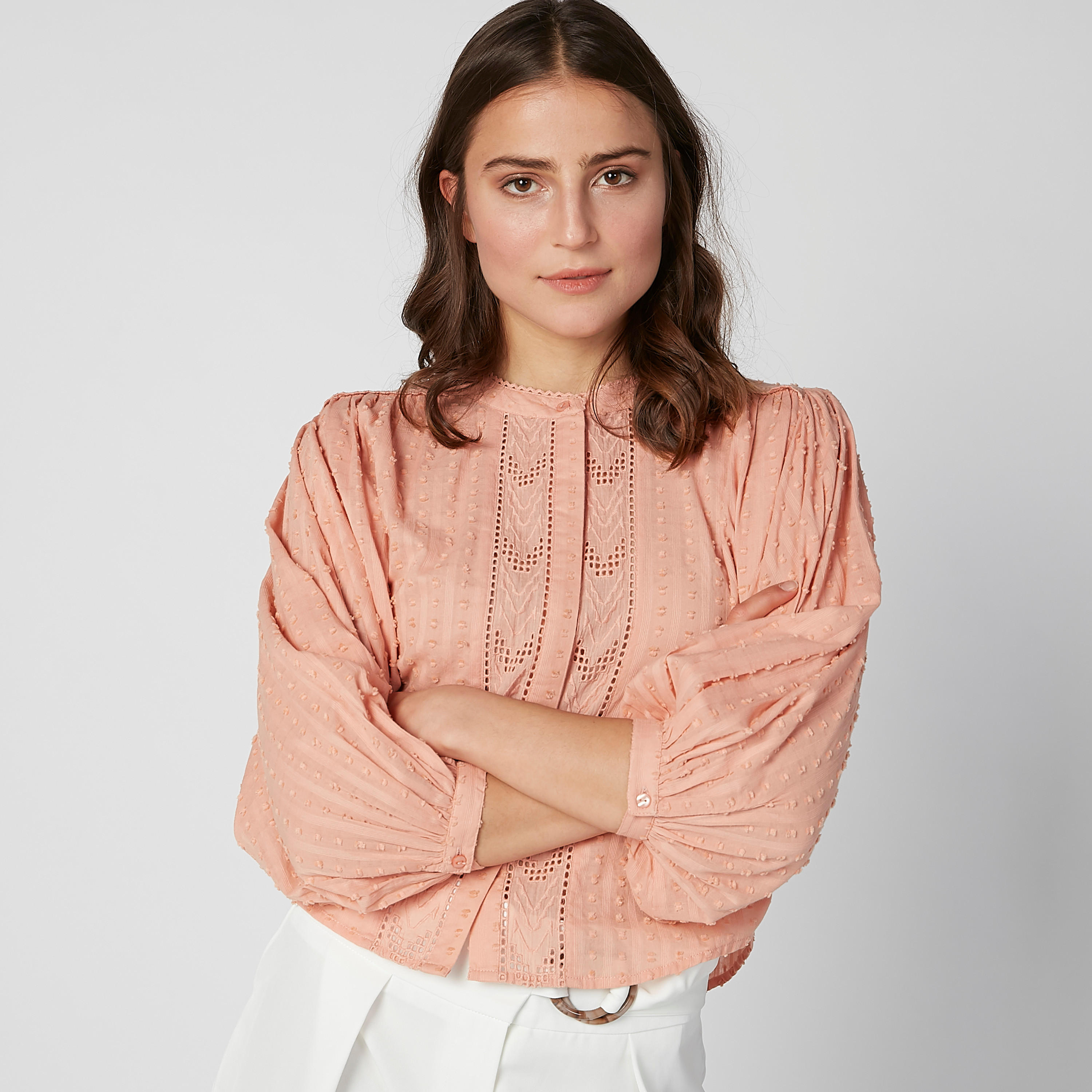 بلوزة قصيرة بارزة الملمس بياقة ماندارين وأكمام 3/4-women-clothing-shirtsandblouses-blouses-image-3