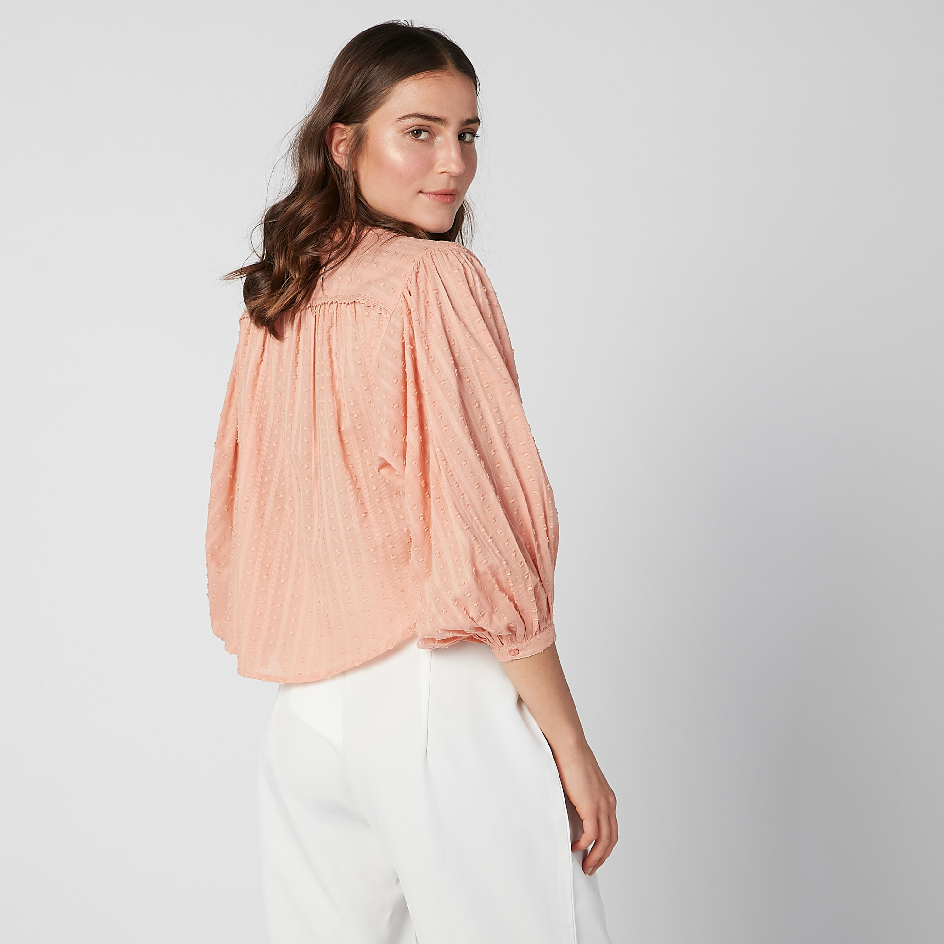 بلوزة قصيرة بارزة الملمس بياقة ماندارين وأكمام 3/4-women-clothing-shirtsandblouses-blouses-image-4
