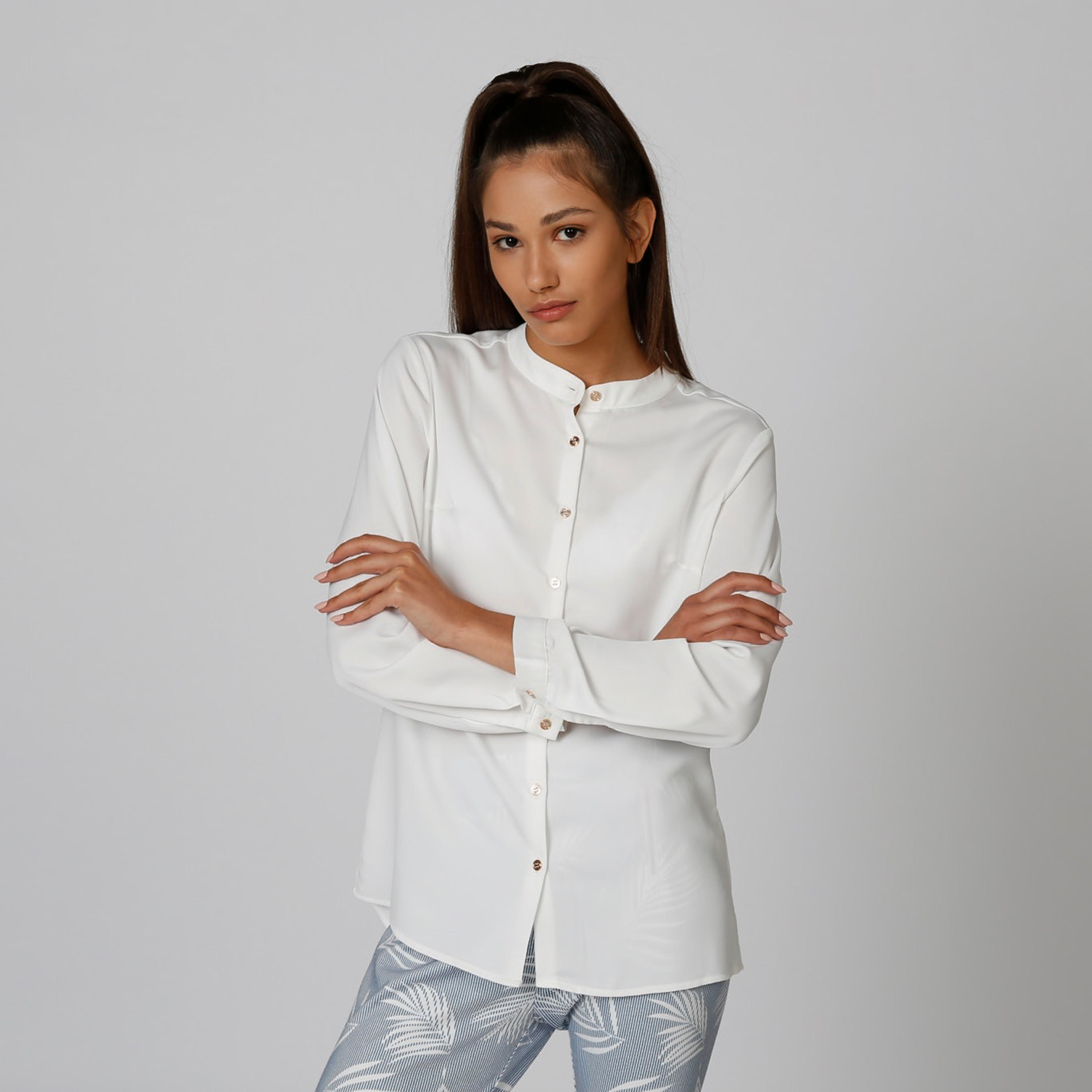 قميص مستدام سادة بياقة ماندارين وأكمام طويلة -women-clothing-shirtsandblouses-shirts-image-1