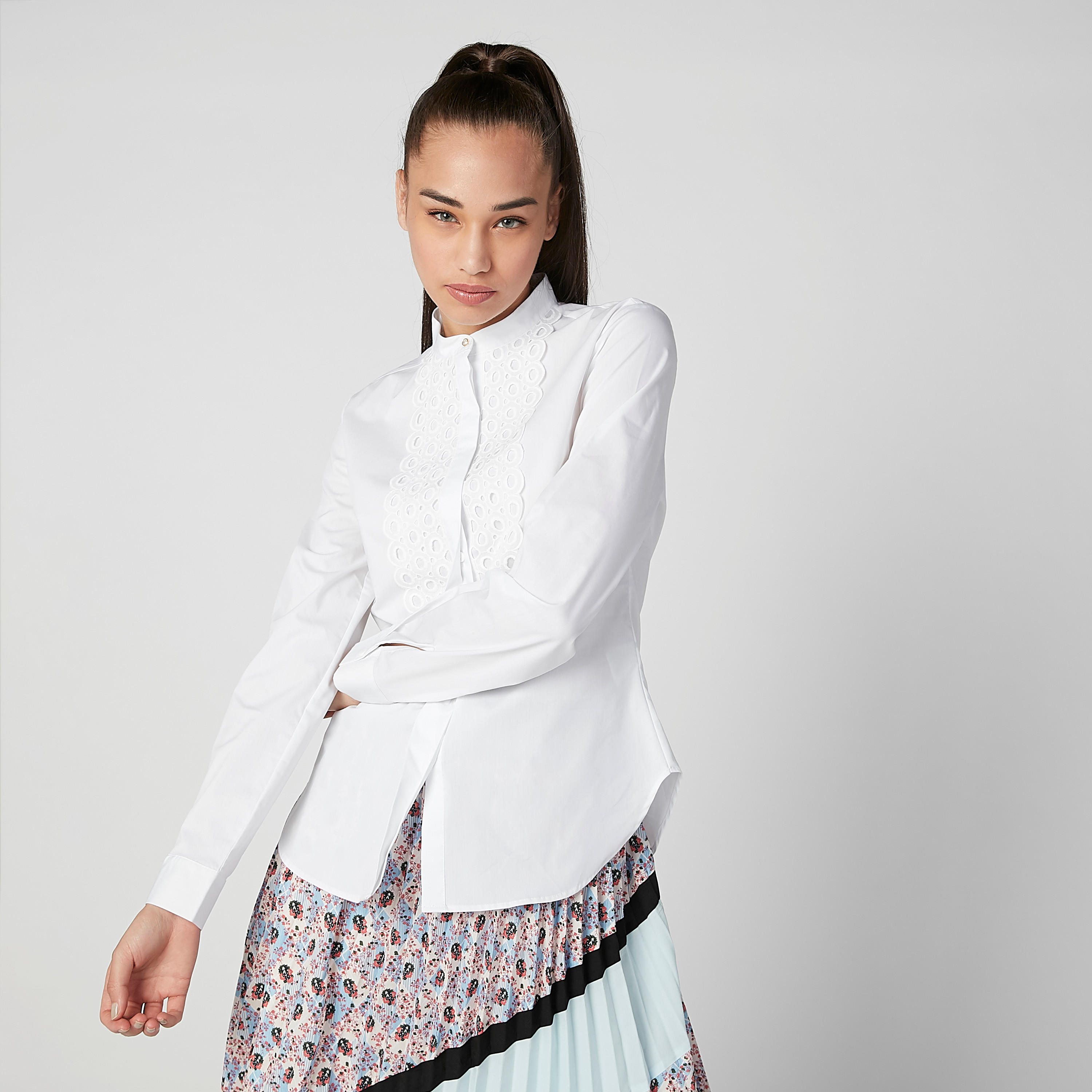 قميص مستدام سادة بياقة ماندارين وتفاصيل شيفلي -women-clothing-shirtsandblouses-shirts-image-1