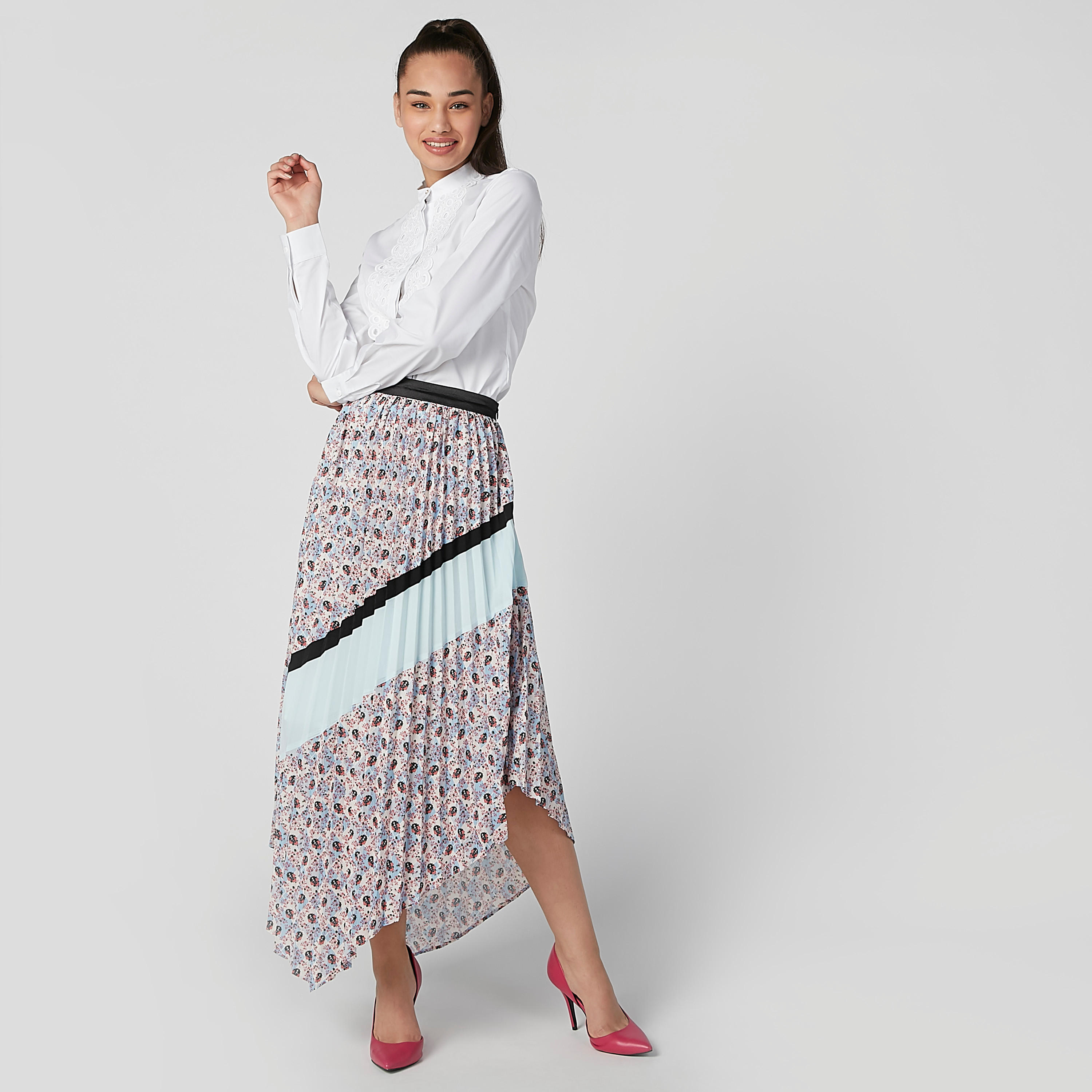 قميص مستدام سادة بياقة ماندارين وتفاصيل شيفلي -women-clothing-shirtsandblouses-shirts-image-2