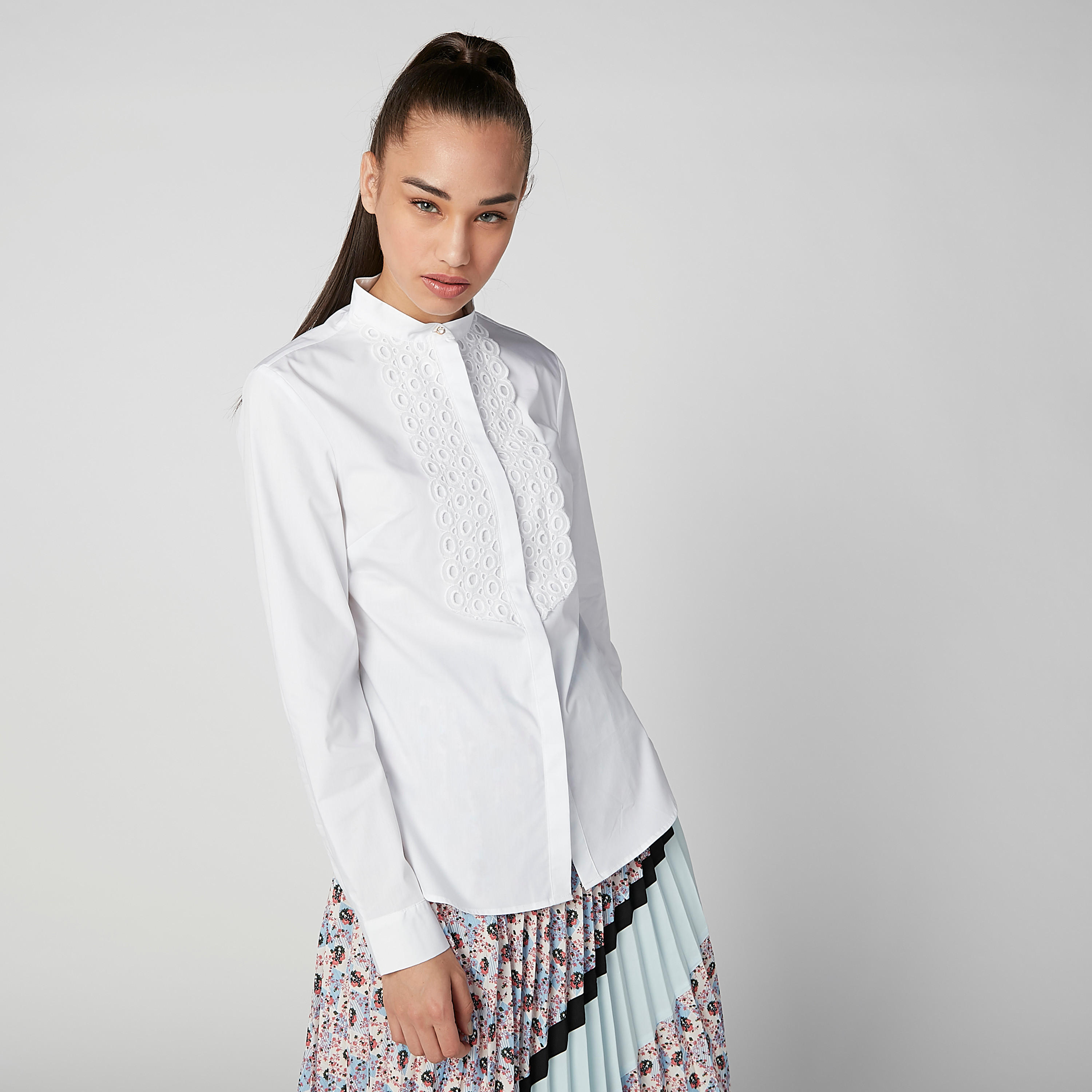 قميص مستدام سادة بياقة ماندارين وتفاصيل شيفلي -women-clothing-shirtsandblouses-shirts-image-5