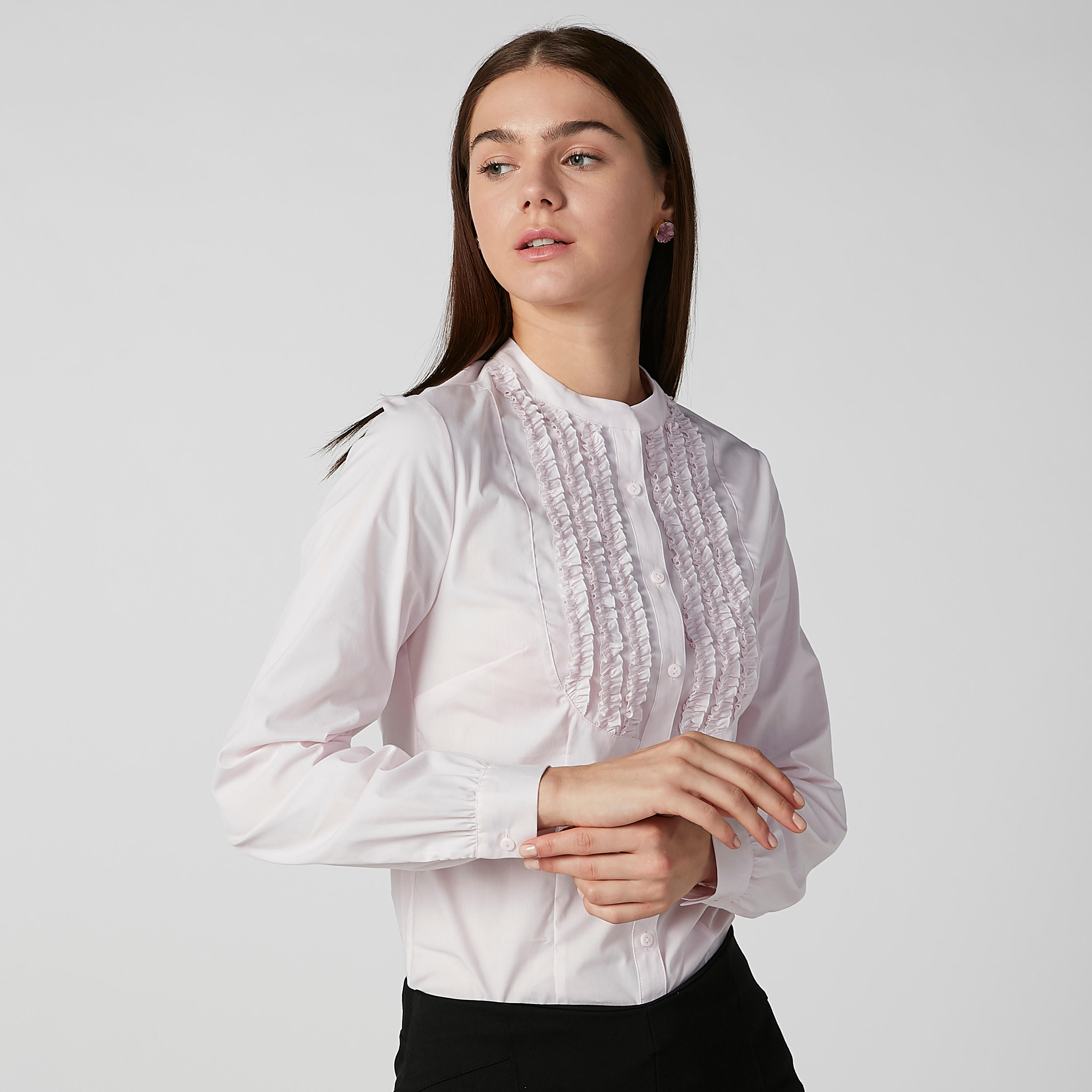 قميص مستدام سادة بياقة ماندارين وأكمام طويلة-women-clothing-shirtsandblouses-shirts-image-1