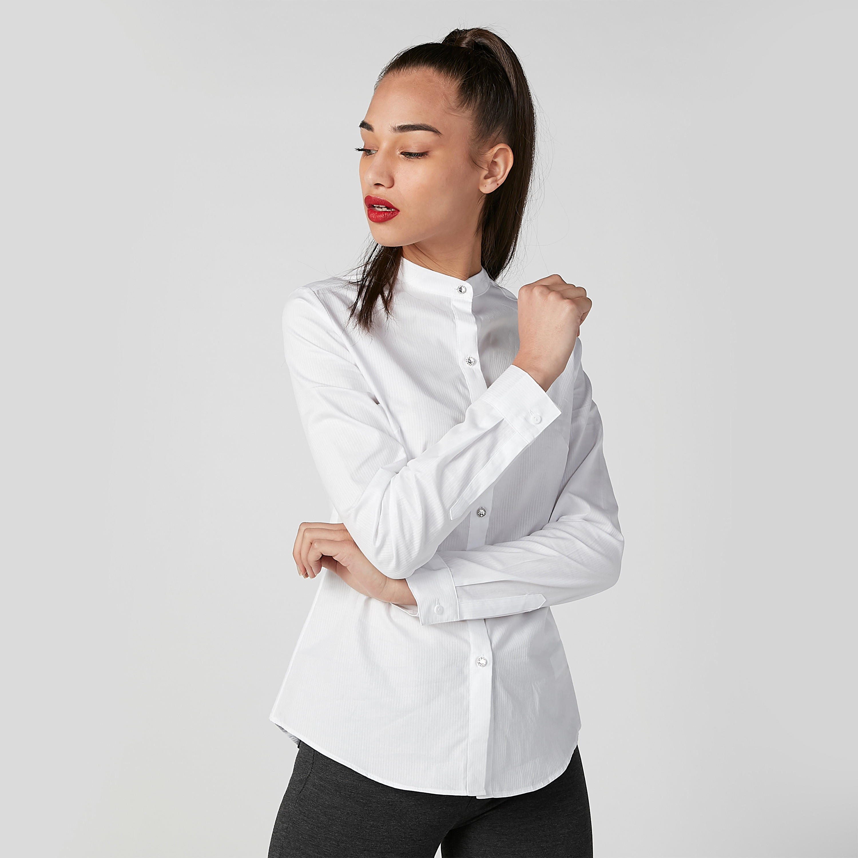 قميص مستدام سادة بياقة ماندارين وأكمام قصيرة -women-clothing-shirtsandblouses-shirts-image-1