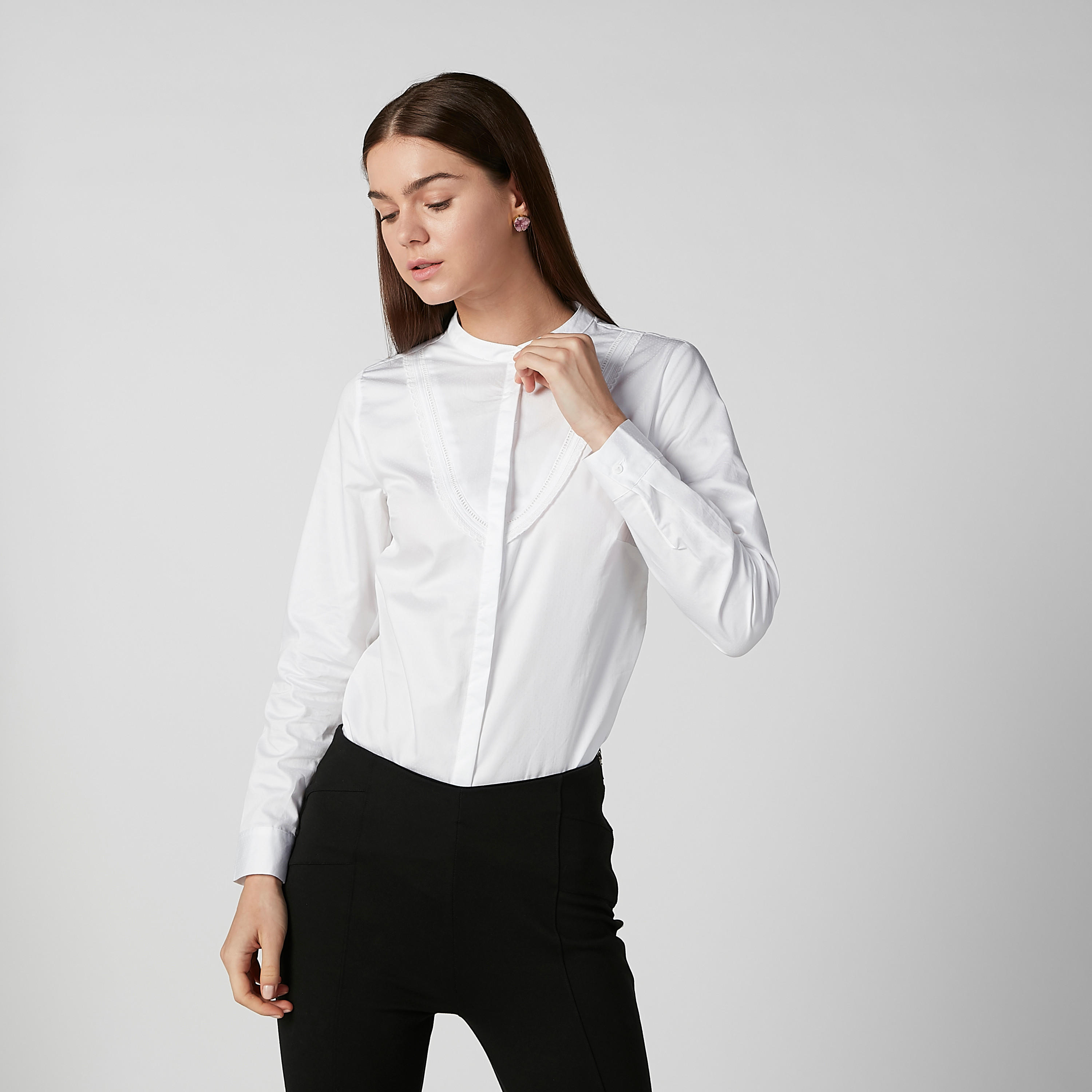 قميص مستدام سادة بياقة ماندارين وأكمام طويلة -women-clothing-shirtsandblouses-shirts-image-1