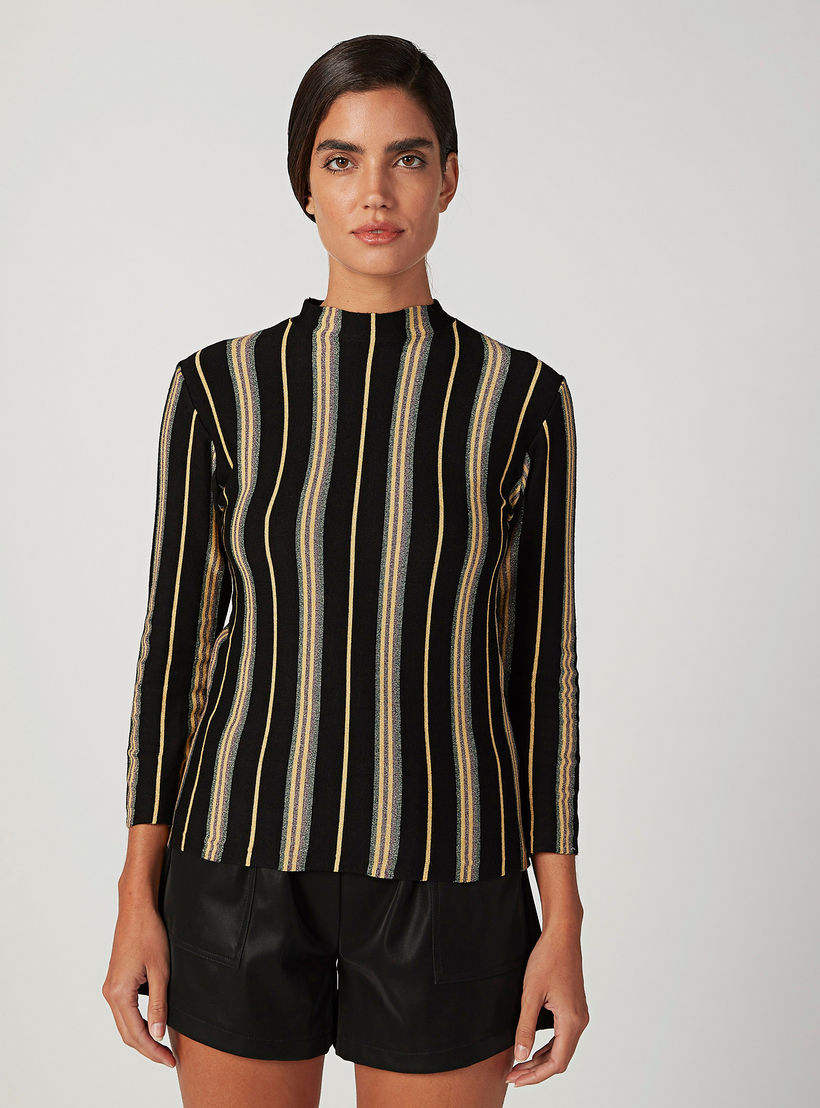 Striped Top with High Neck and Long Sleeves-women-clothing-shirtsandblouses-blouses-image-1