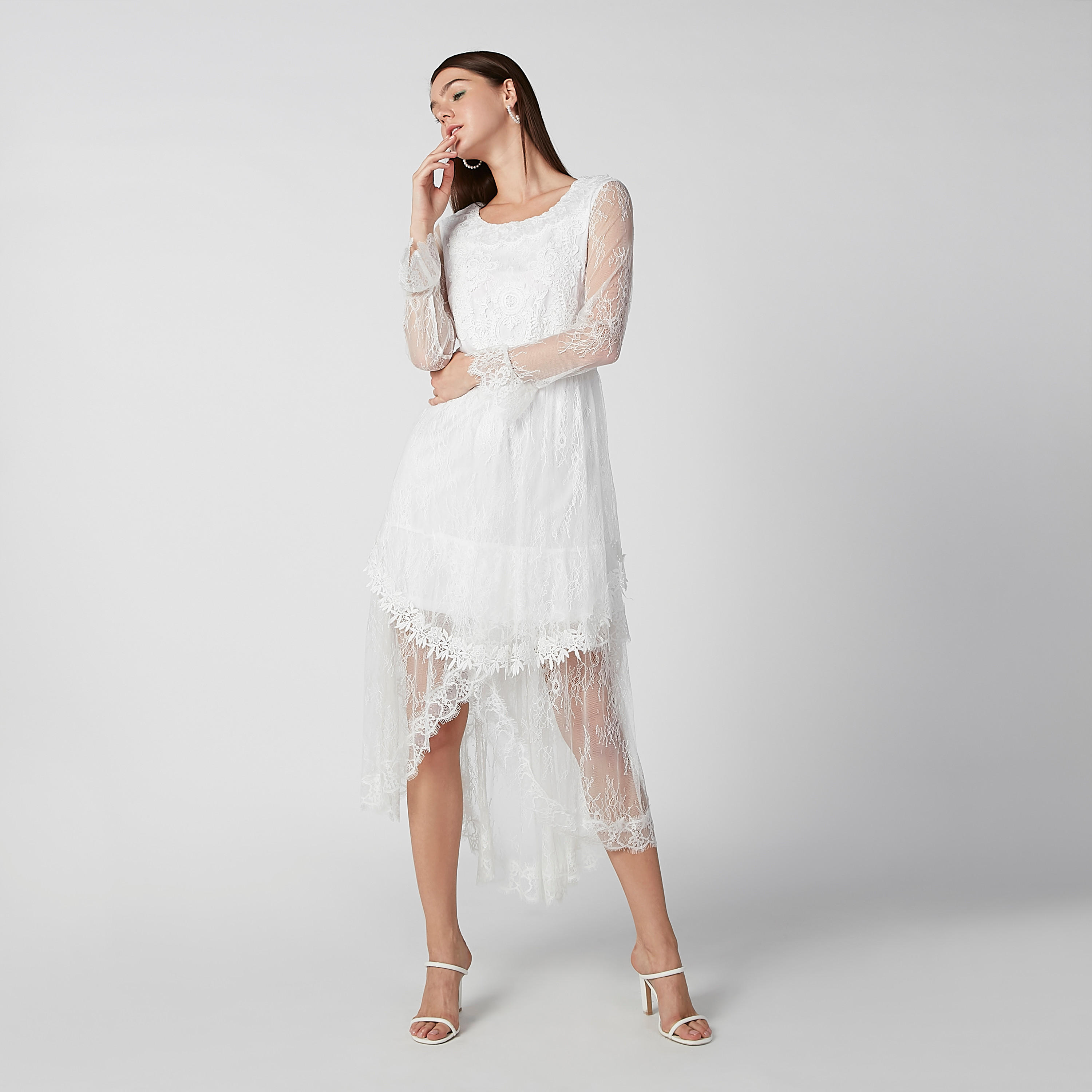 فستان مستدام ميدي دانتيل بأكمام طويلة وحواف غير مستوية-women-clothing-dresses-image-1