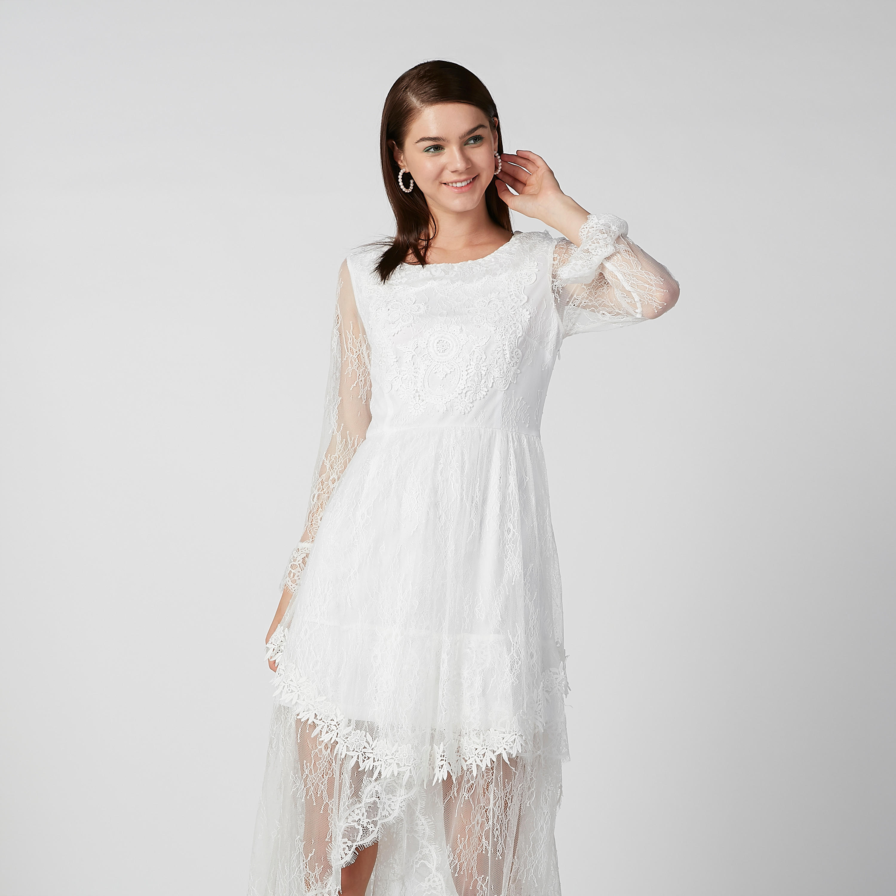 فستان مستدام ميدي دانتيل بأكمام طويلة وحواف غير مستوية-women-clothing-dresses-image-3