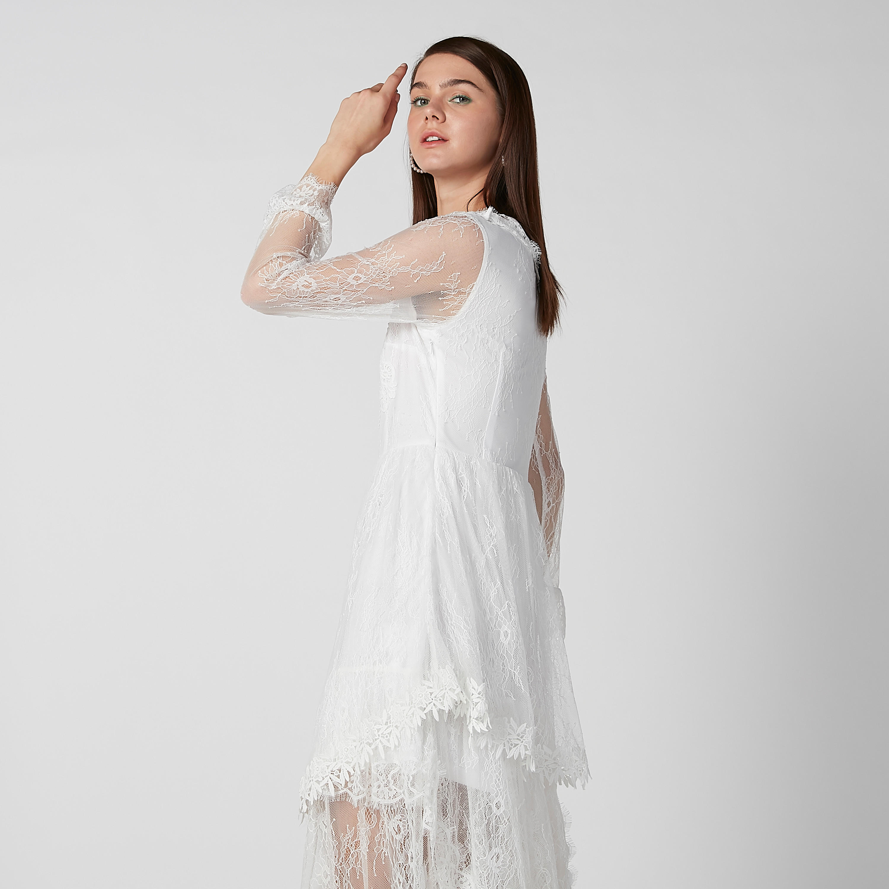 فستان مستدام ميدي دانتيل بأكمام طويلة وحواف غير مستوية-women-clothing-dresses-image-5