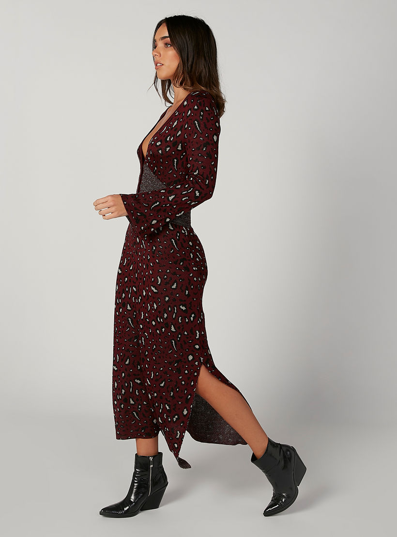 فستان مستدام طويل بارز الملمس بأكمام طويلة وفتحة جانبية -women-clothing-dresses-image-3