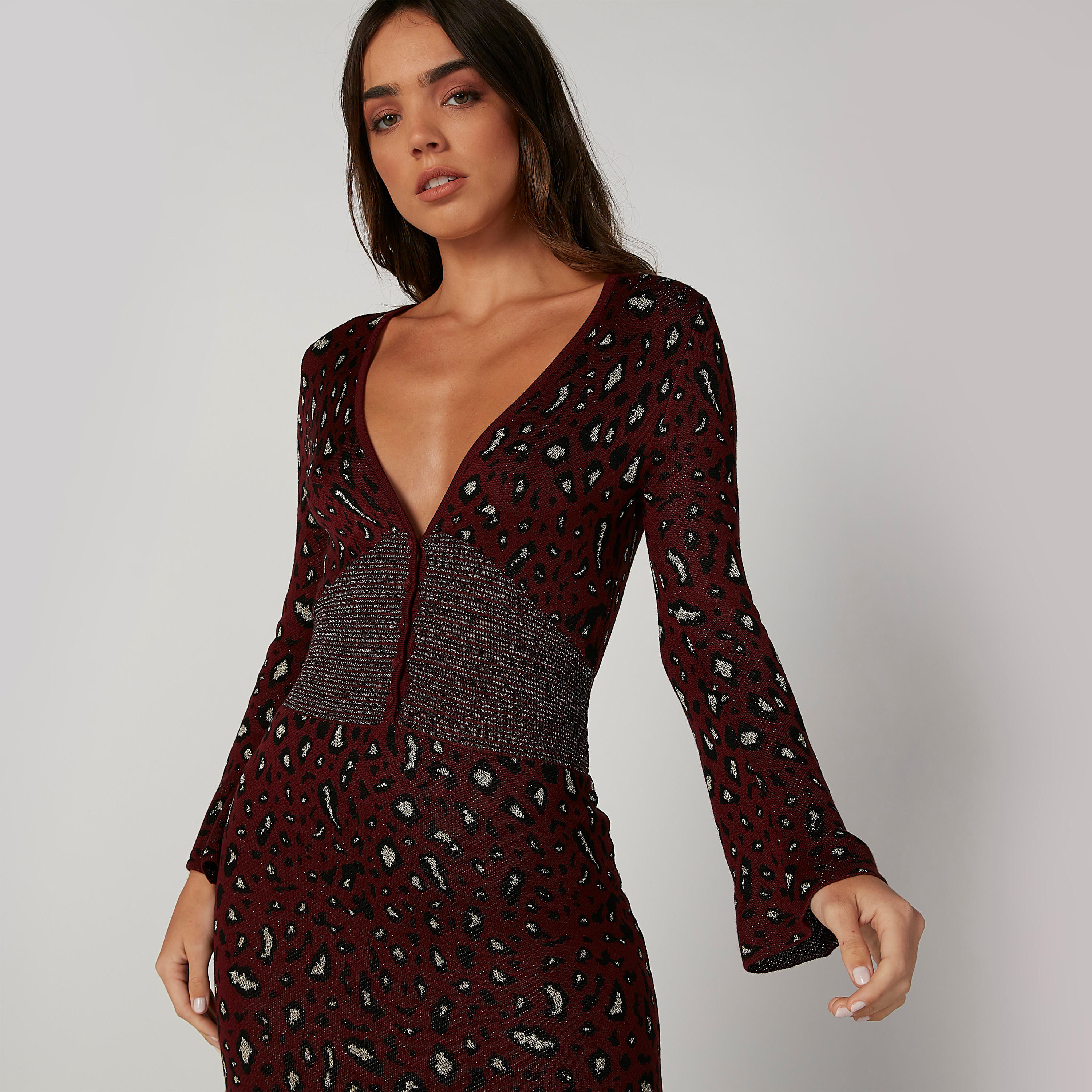فستان مستدام طويل بارز الملمس بأكمام طويلة وفتحة جانبية -women-clothing-dresses-image-5