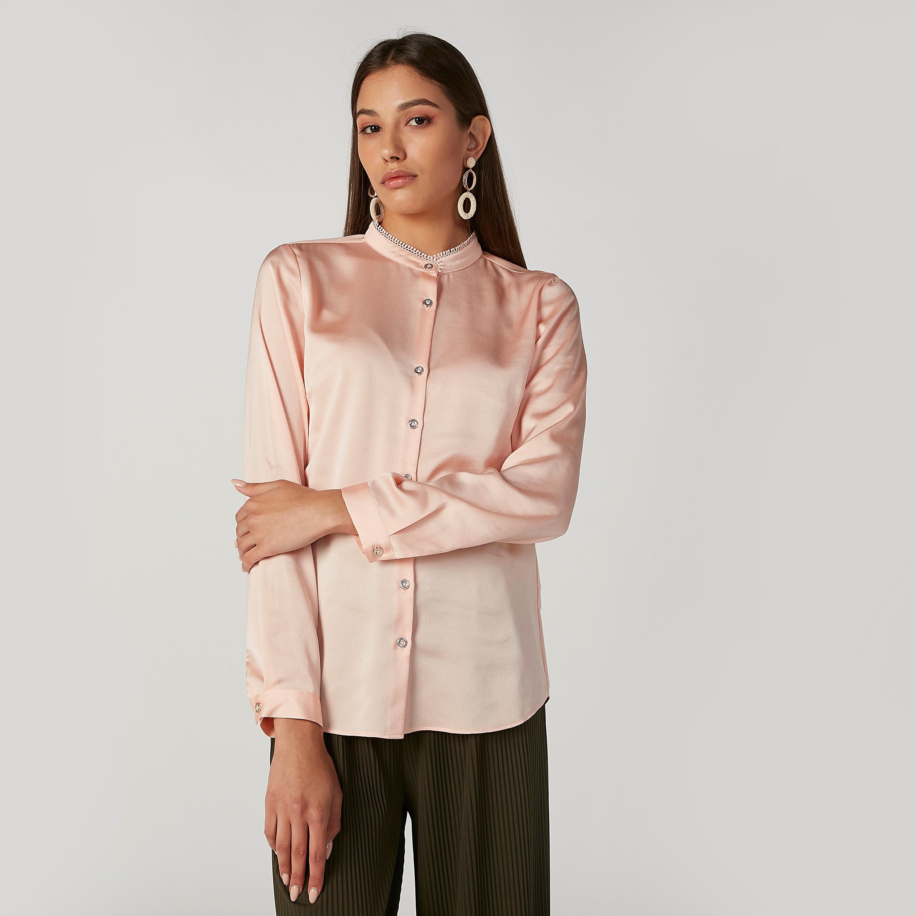 Plain Shirt with Mandarin Collar and Long Sleeves-women-clothing-shirtsandblouses-shirts-image-3