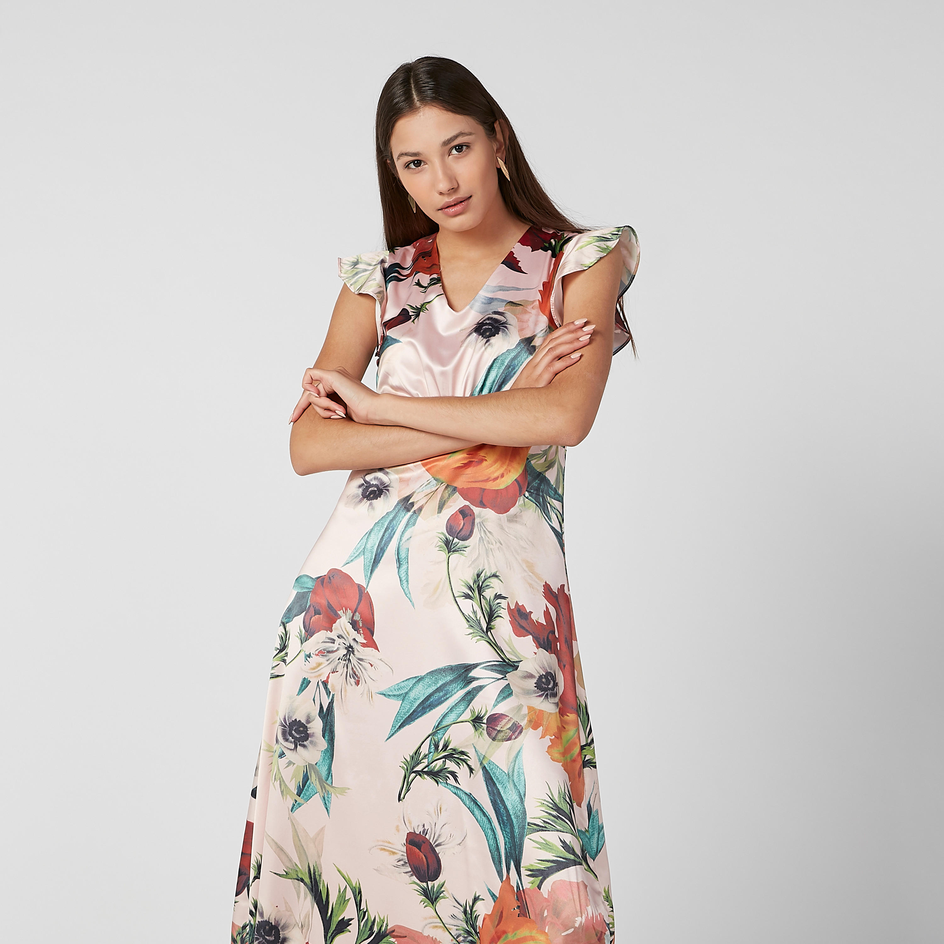 فستان مستدام ميدي إيه لاين بأكمام كاب وطبعات زهرية -women-clothing-dresses-image-4