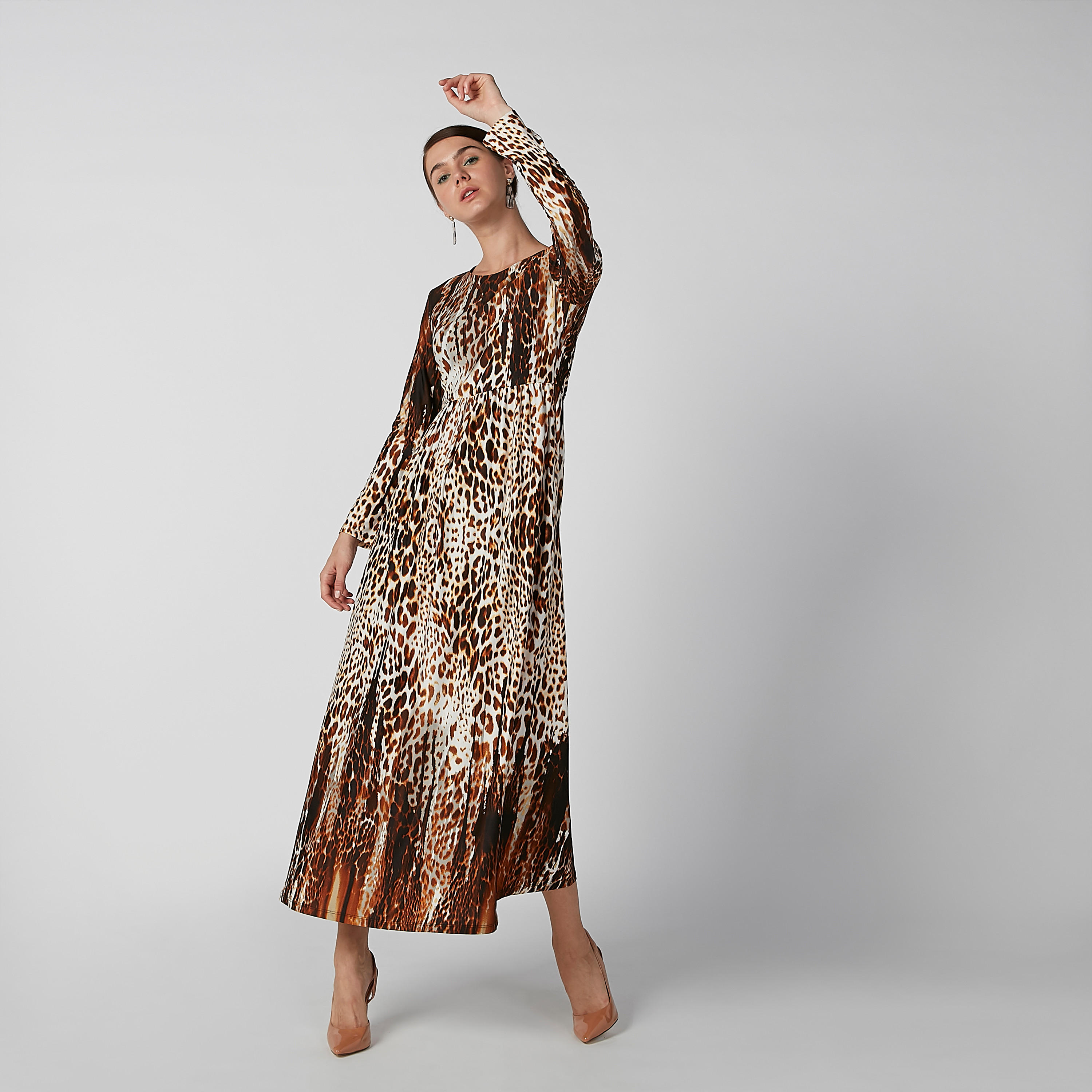 فستان مستدام طويل إيه لاين بأكمام طويلة وطبعات حيوان-women-clothing-dresses-image-1