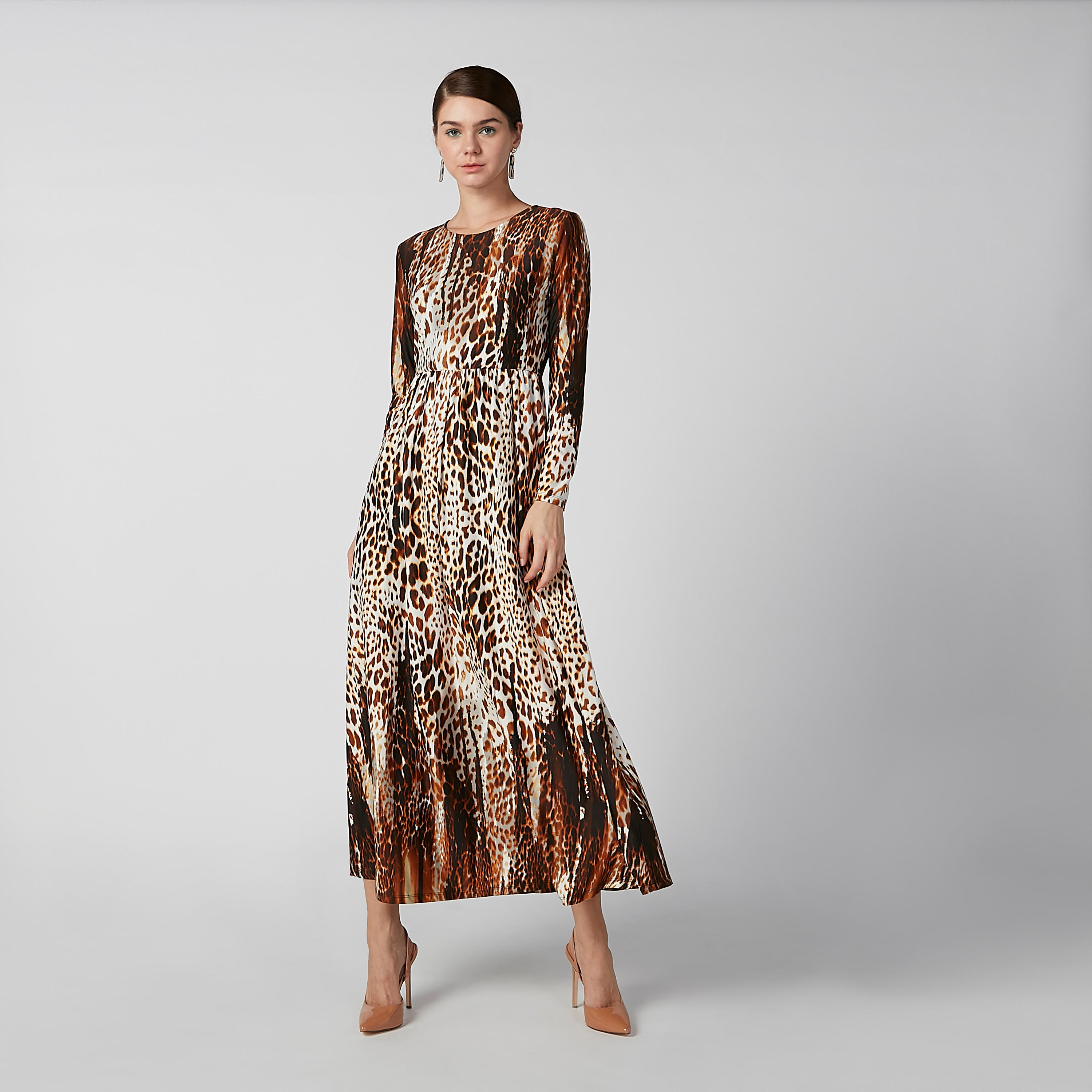 فستان مستدام طويل إيه لاين بأكمام طويلة وطبعات حيوان-women-clothing-dresses-image-2