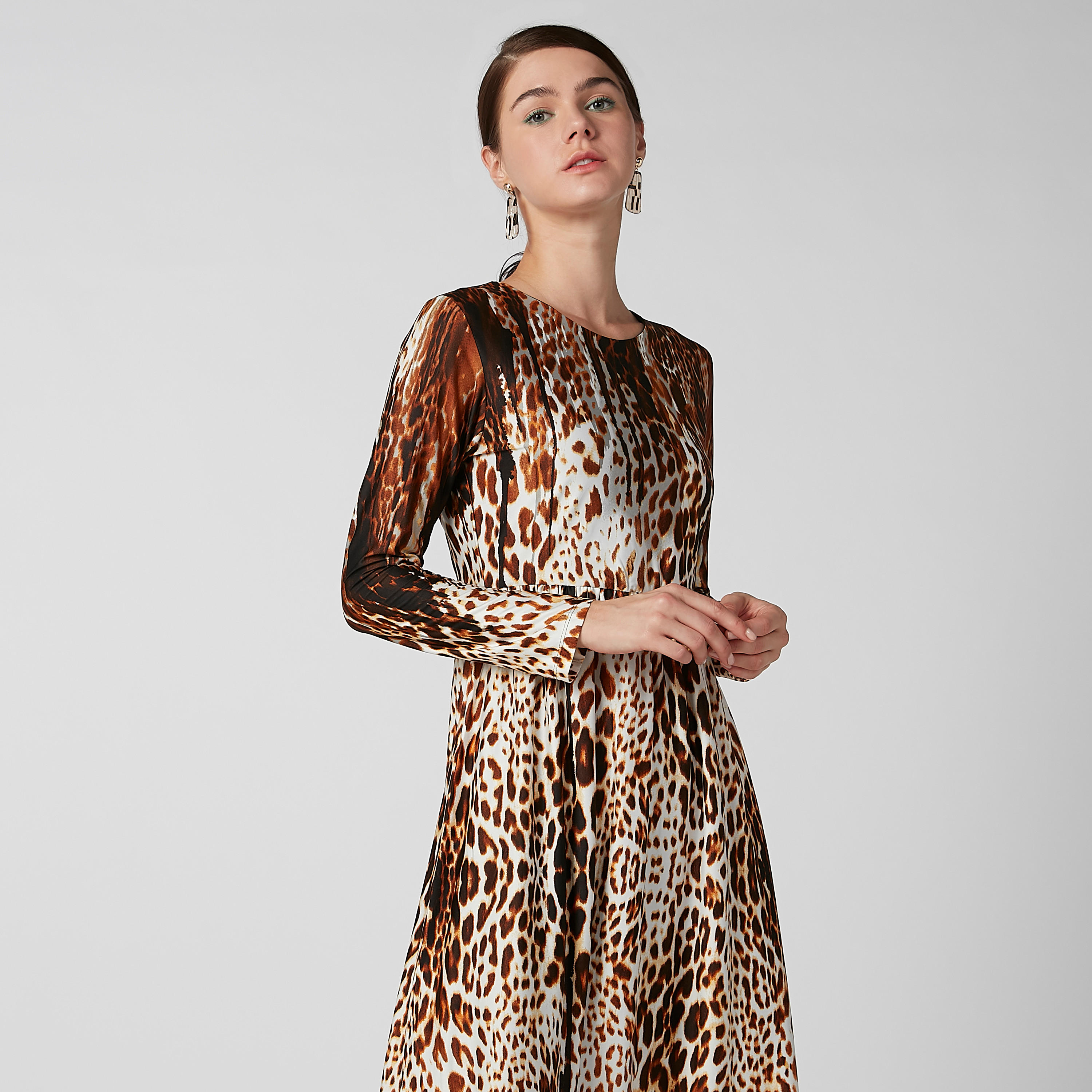 فستان مستدام طويل إيه لاين بأكمام طويلة وطبعات حيوان-women-clothing-dresses-image-3