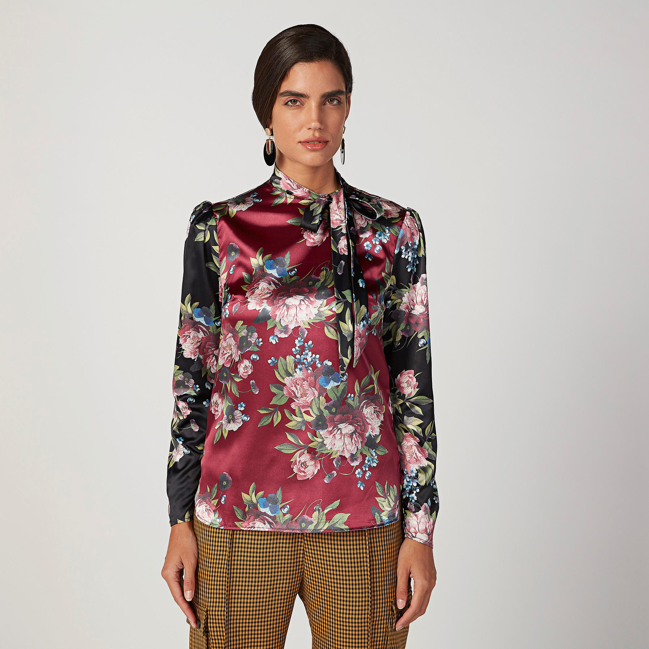 بلوزة بأكمام طويلة وطبعات وربطة عنق -women-clothing-shirtsandblouses-blouses-image-1