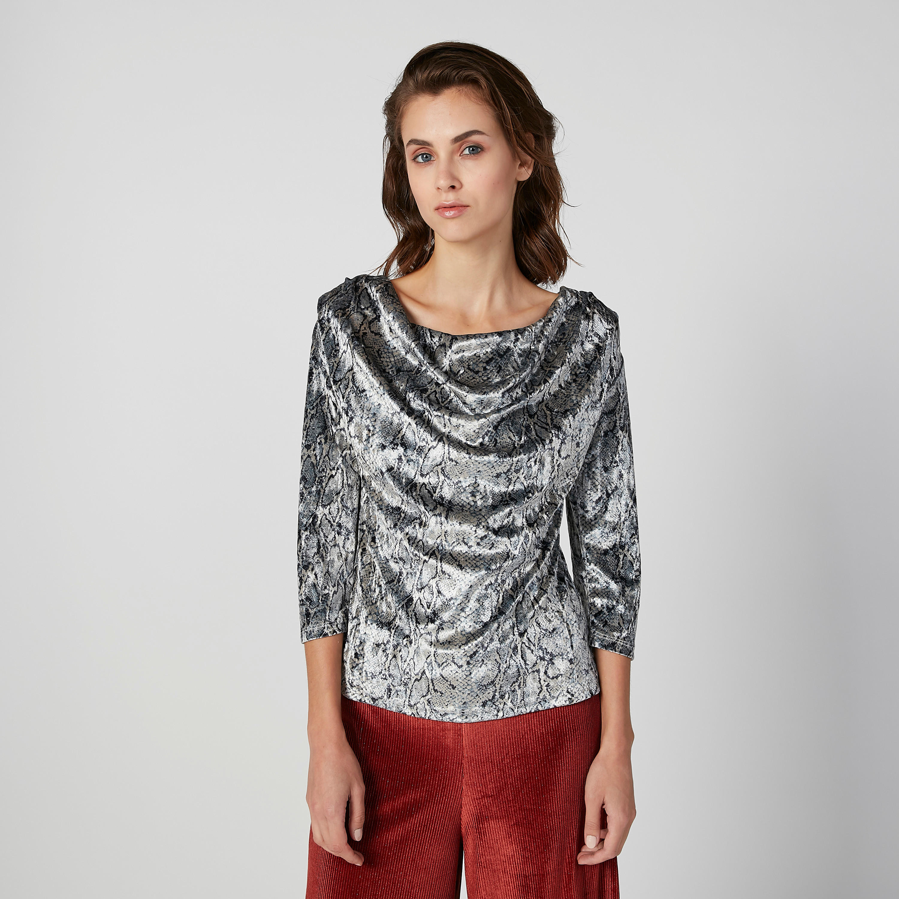 Printed Top with Cowl Neck and 3/4 Sleeves-women-clothing-shirtsandblouses-blouses-image-1