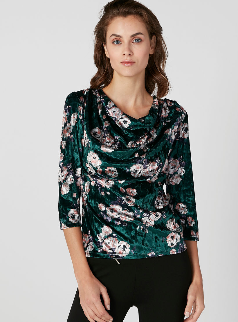 بلوزة مستدامة بياقة منسدلة وأكمام 3/4 وطبعات زهرية-women-clothing-shirtsandblouses-blouses-image-1