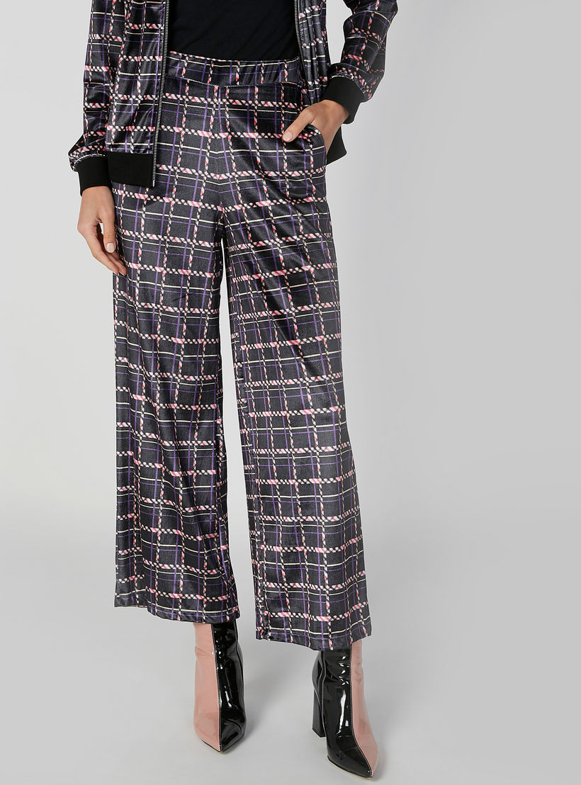 Wide Fit Chequered Mid Waist Palazzo Pants with Pocket Detail-women-clothing-bottoms-trousers-image-1