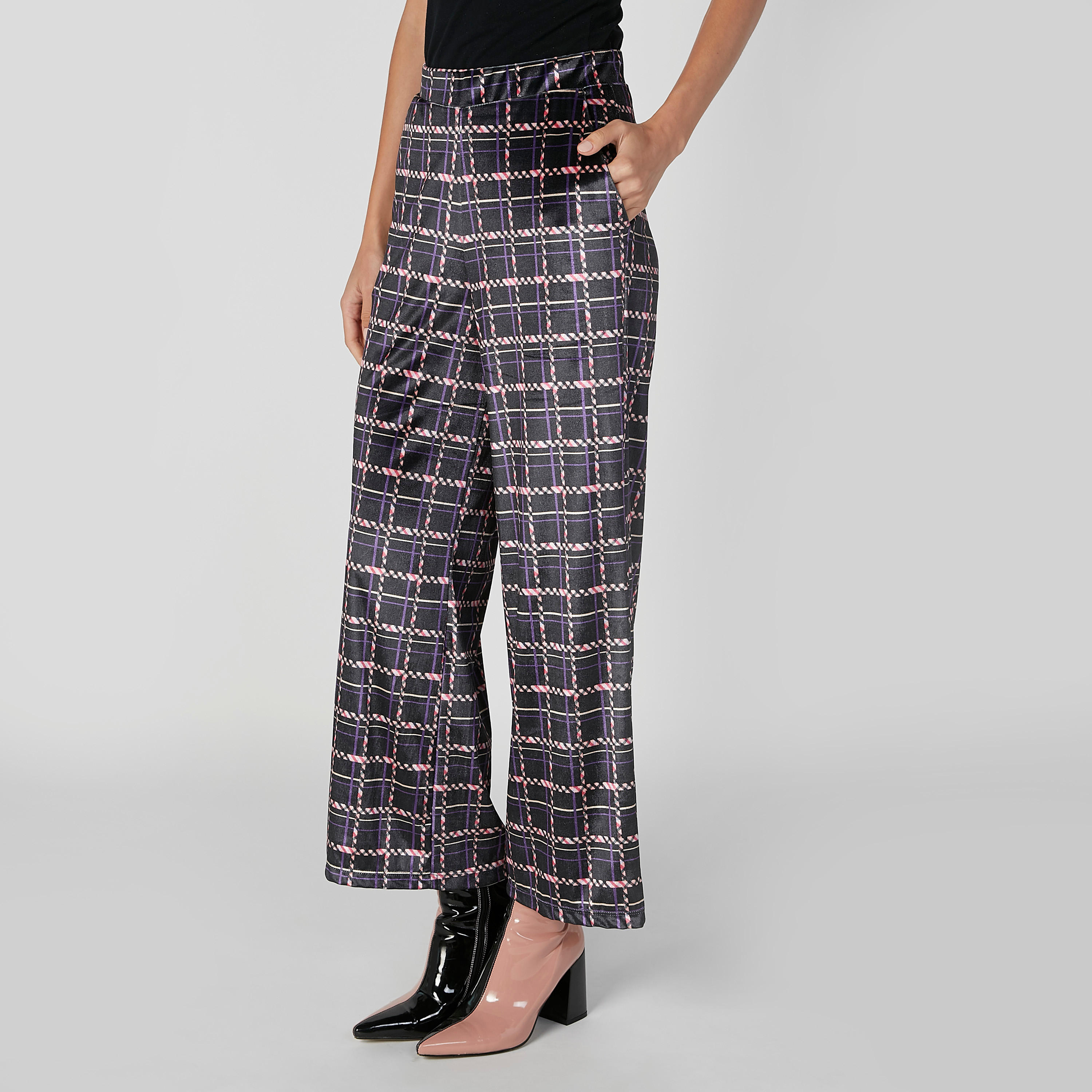 Wide Fit Chequered Mid Waist Palazzo Pants with Pocket Detail-women-clothing-bottoms-trousers-image-4