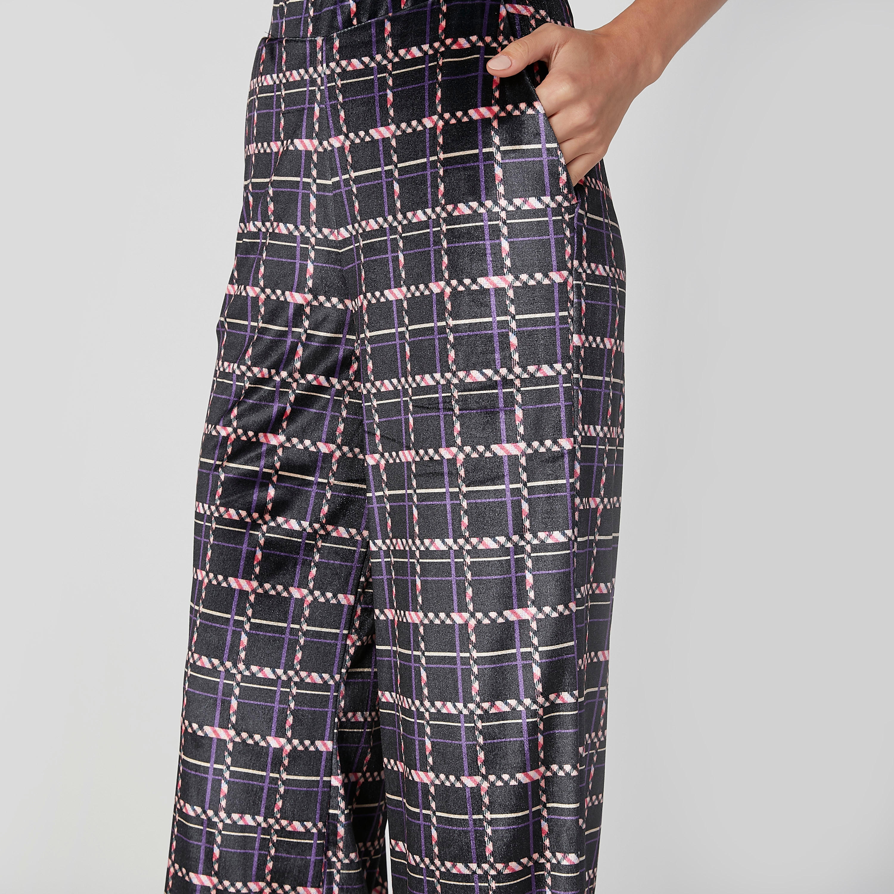 Wide Fit Chequered Mid Waist Palazzo Pants with Pocket Detail-women-clothing-bottoms-trousers-image-5