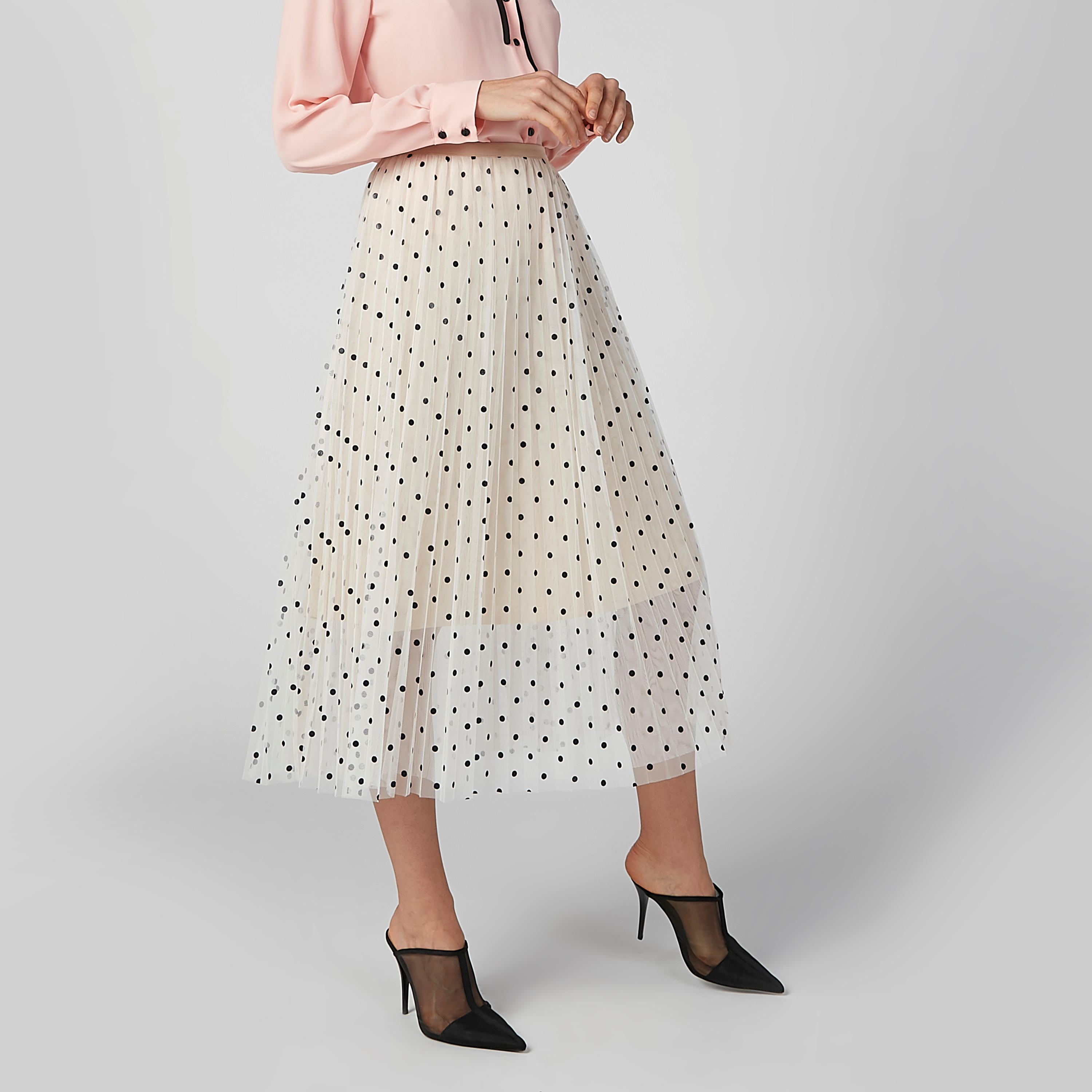 تنورة إيه لاين متوسطة الطول بخصر مطّاطي وطبعات منقّطة-women-clothing-bottoms-skirts-image-1