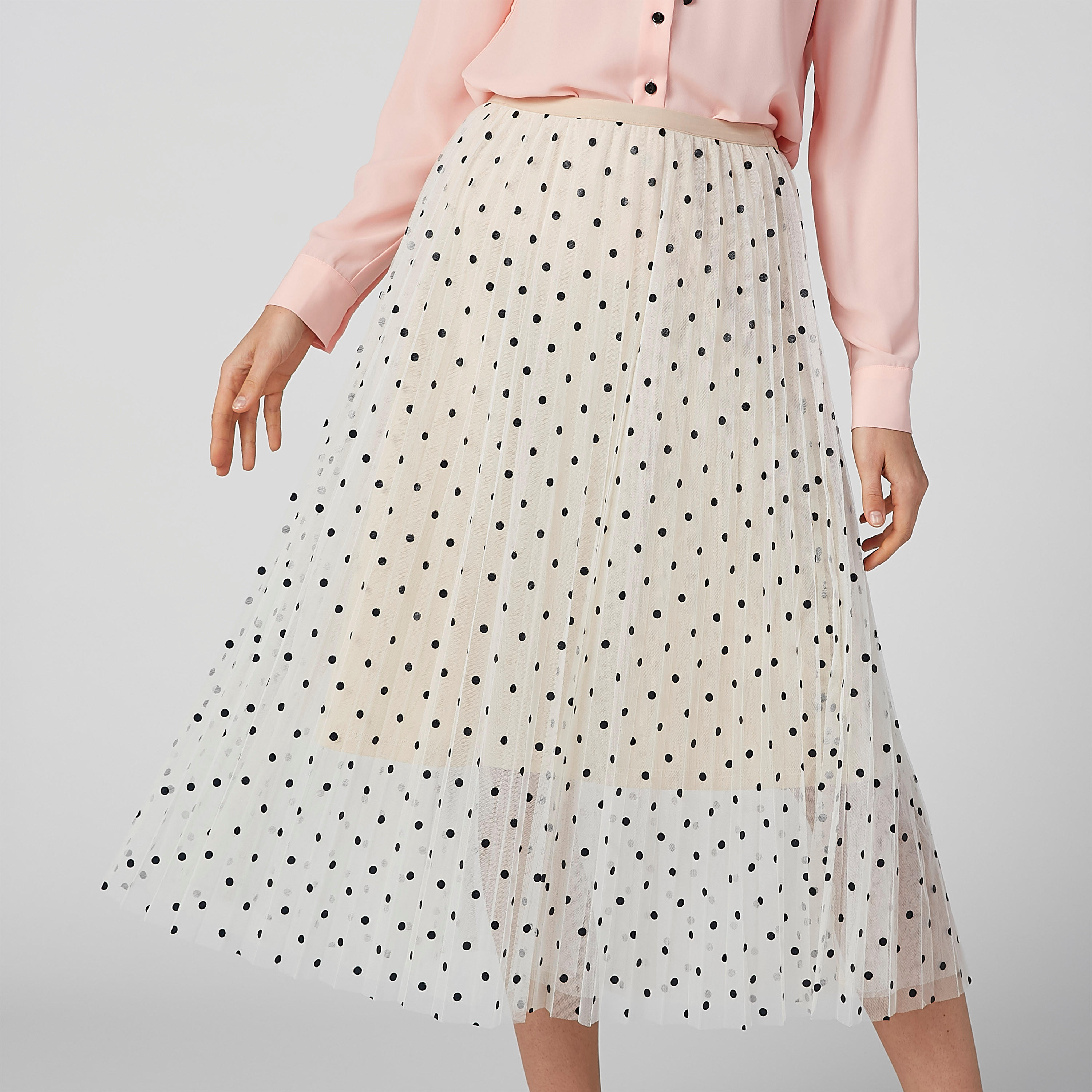 تنورة إيه لاين متوسطة الطول بخصر مطّاطي وطبعات منقّطة-women-clothing-bottoms-skirts-image-3