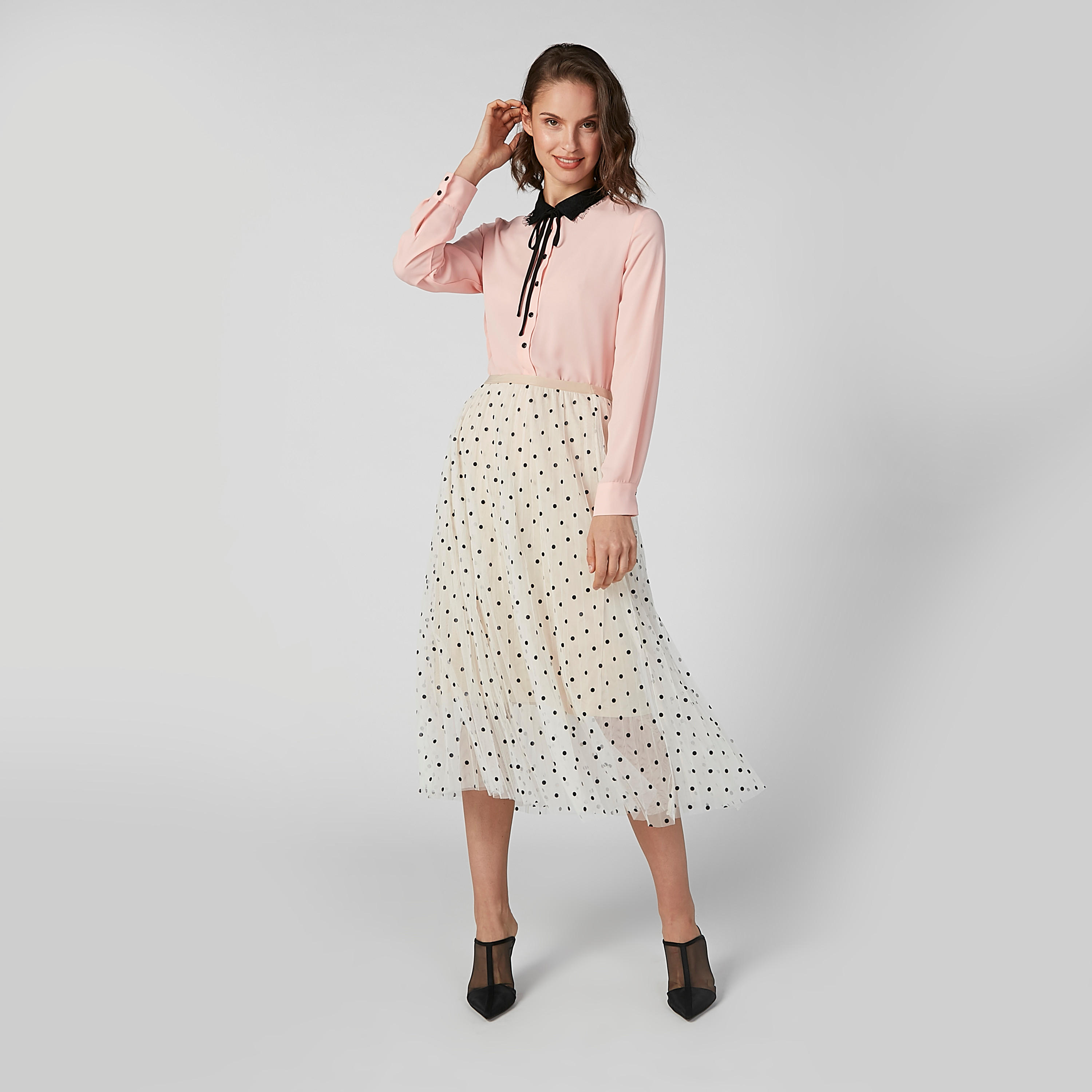 تنورة إيه لاين متوسطة الطول بخصر مطّاطي وطبعات منقّطة-women-clothing-bottoms-skirts-image-4