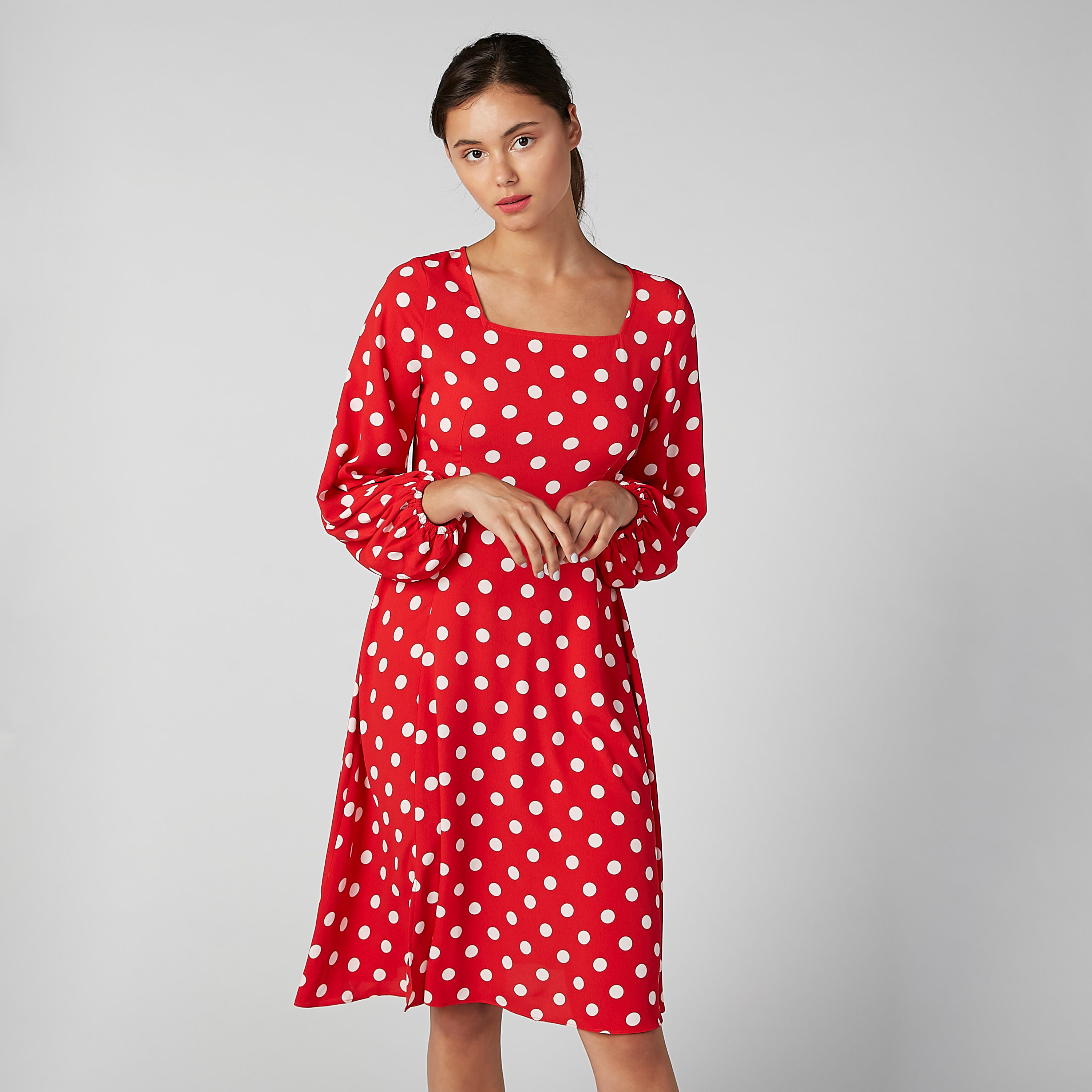 فستان إيه لاين بياقة مربّعة وأكمام بأساور مطّاطية وطبعات منقّطة-women-clothing-dresses-image-2
