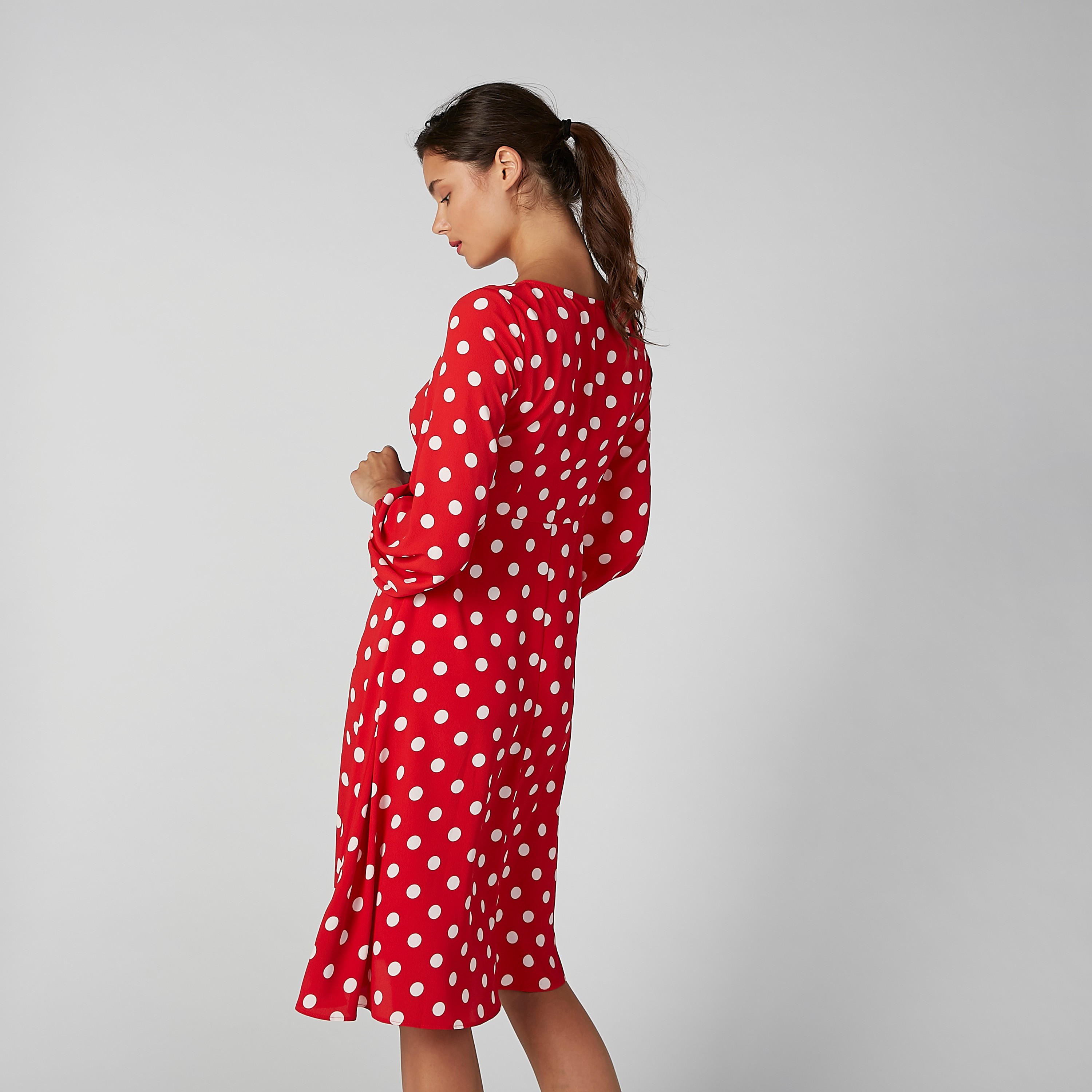 فستان إيه لاين بياقة مربّعة وأكمام بأساور مطّاطية وطبعات منقّطة-women-clothing-dresses-image-5