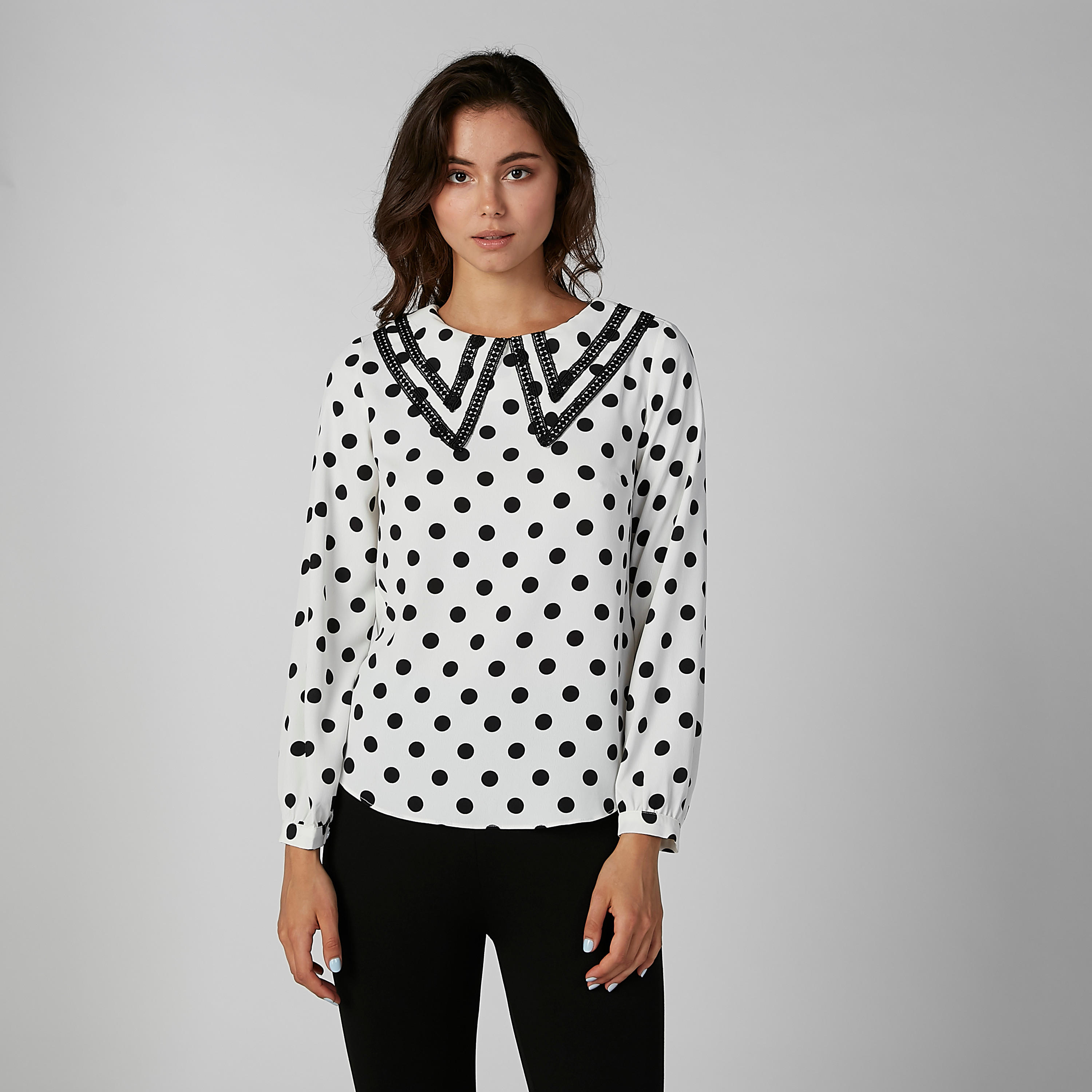 Polka Dot Printed Top with Peter Pan Collar and Long Sleeves-women-clothing-shirtsandblouses-blouses-image-2