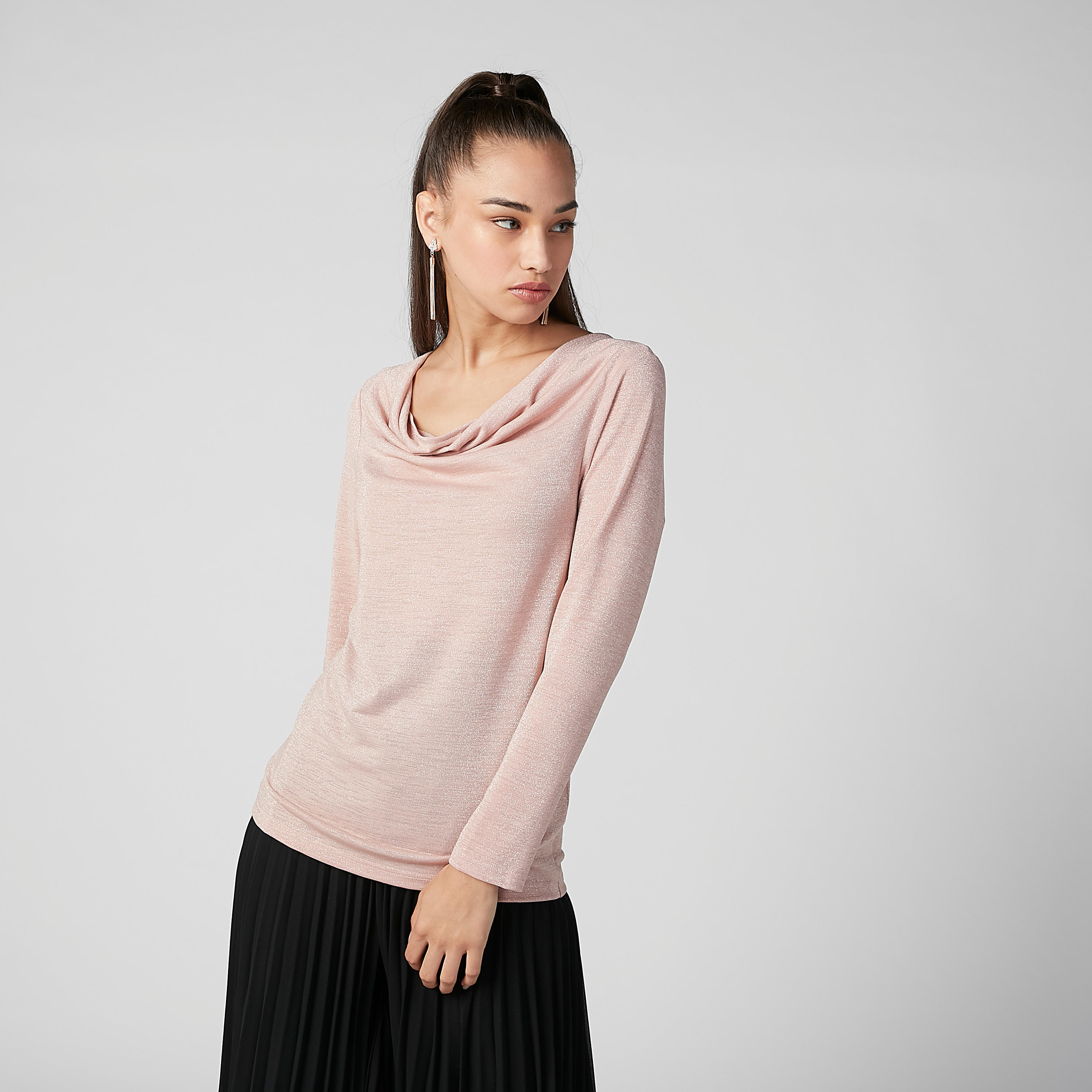 بلوزة بارزة الملمس بياقة منسدلة وأكمام طويلة-women-clothing-shirtsandblouses-blouses-image-2