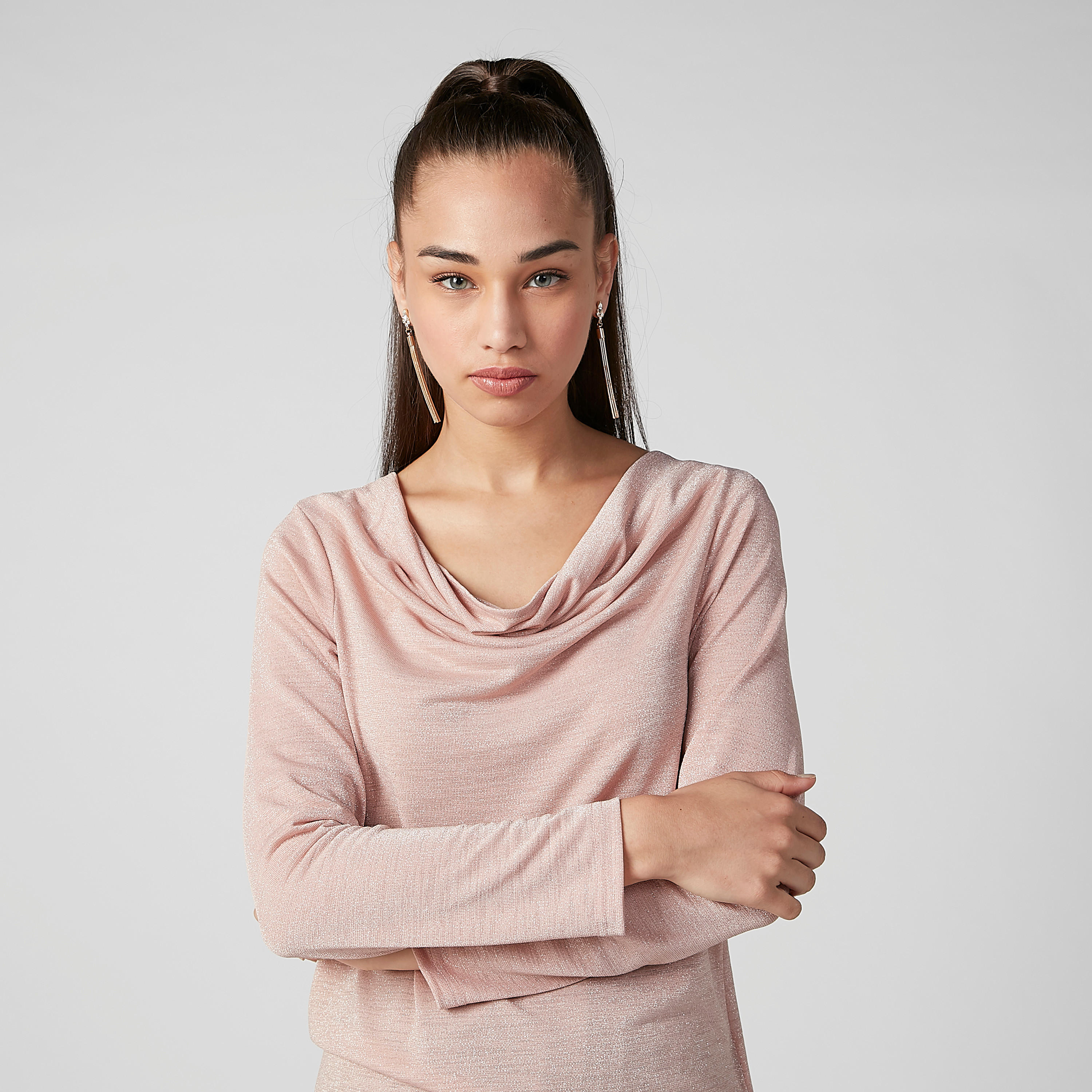 بلوزة بارزة الملمس بياقة منسدلة وأكمام طويلة-women-clothing-shirtsandblouses-blouses-image-3