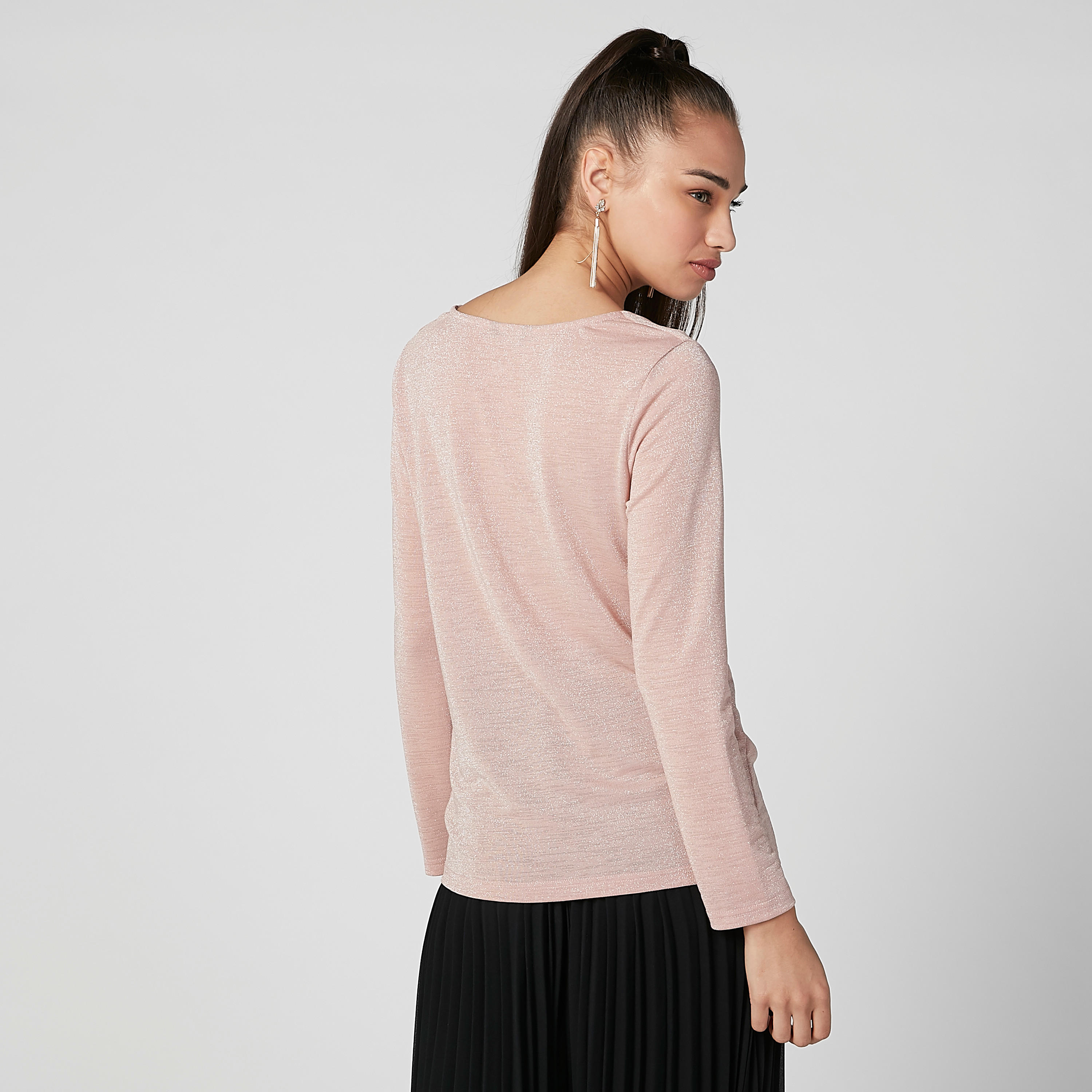بلوزة بارزة الملمس بياقة منسدلة وأكمام طويلة-women-clothing-shirtsandblouses-blouses-image-4