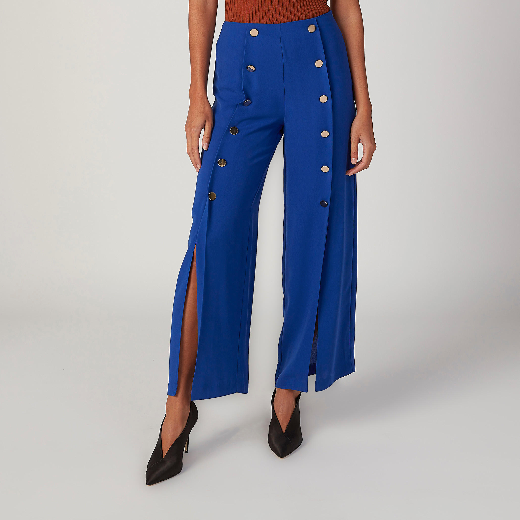 Wide Plain Mid Waist Flared Pants with Front Slit-women-clothing-bottoms-trousers-image-1