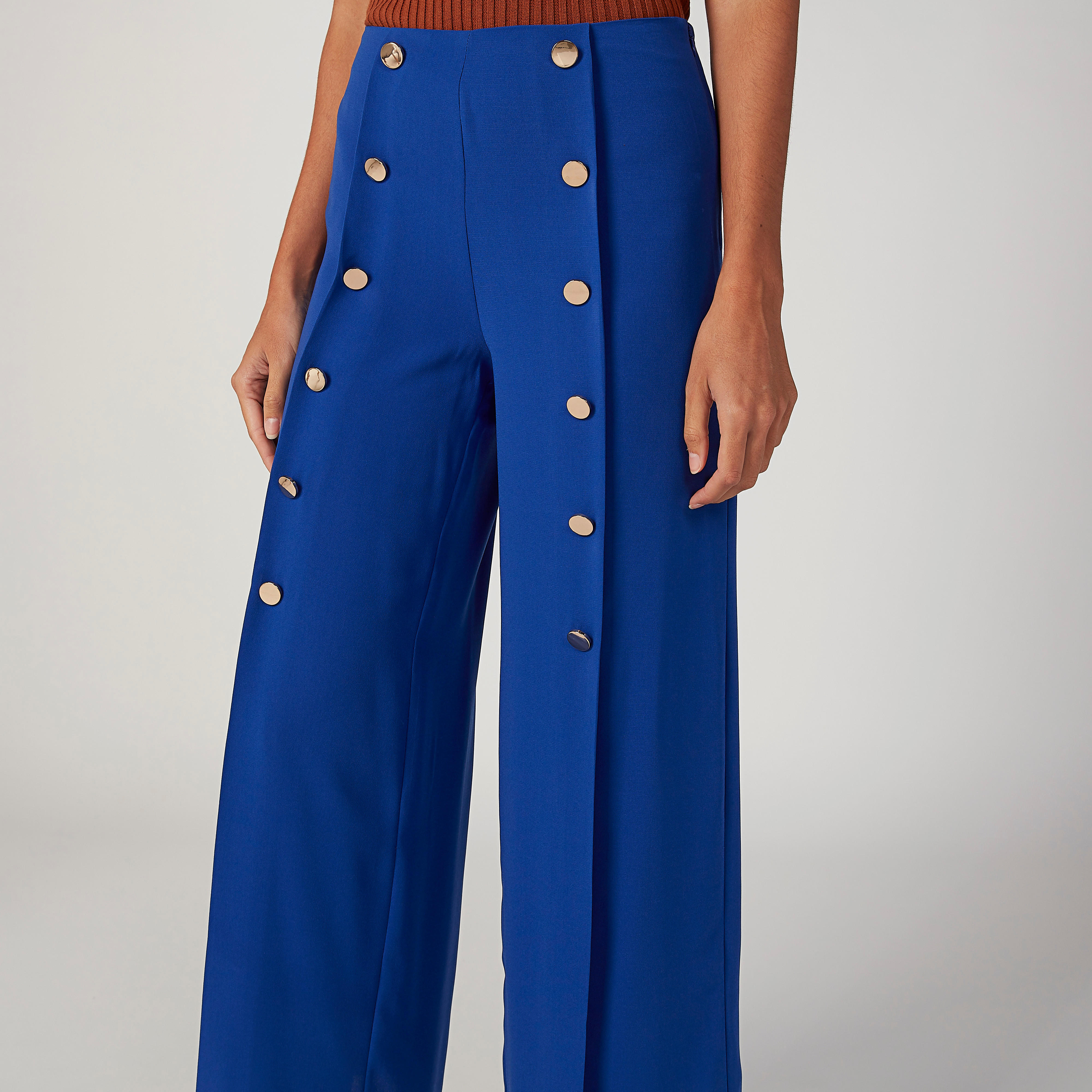 Wide Plain Mid Waist Flared Pants with Front Slit-women-clothing-bottoms-trousers-image-3