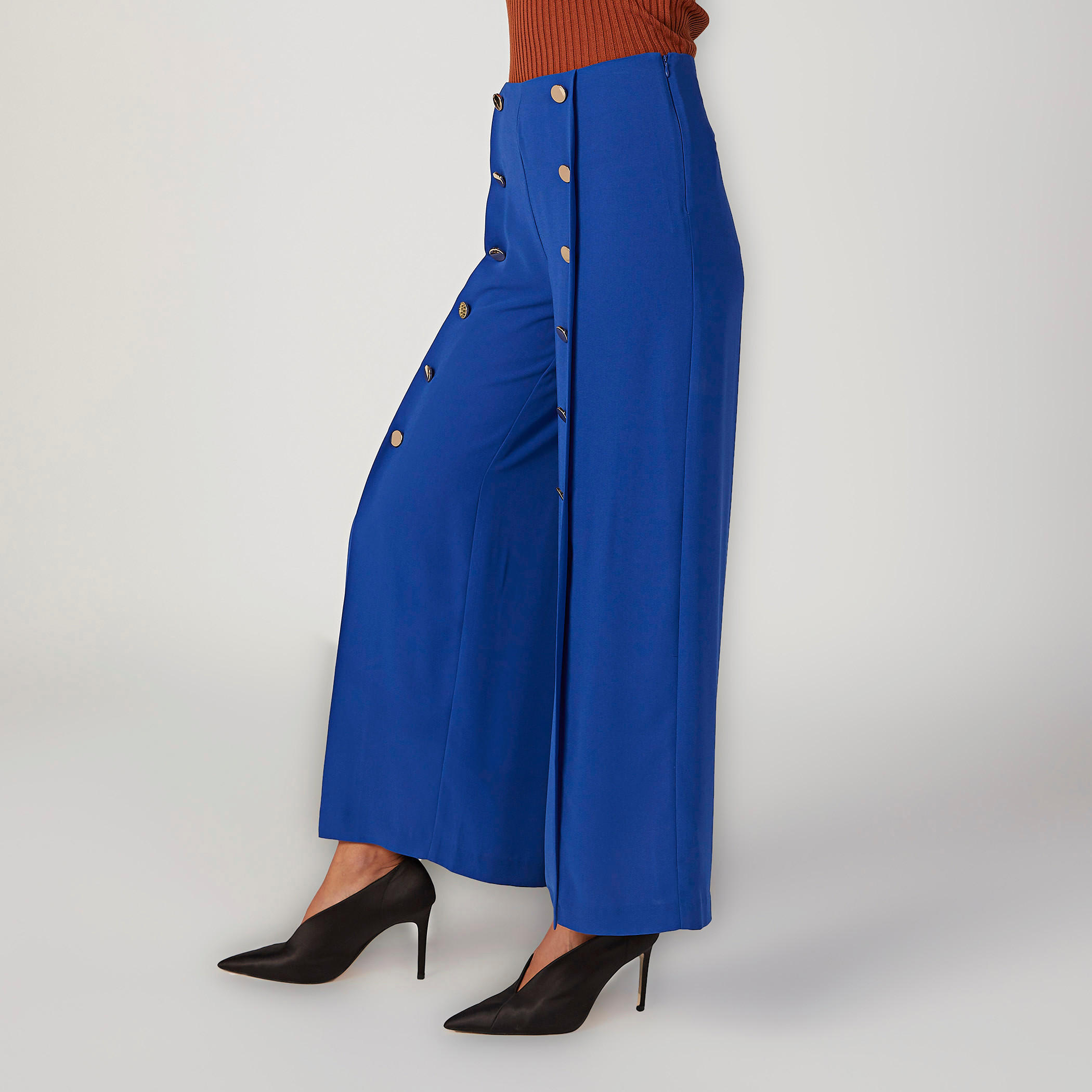 Wide Plain Mid Waist Flared Pants with Front Slit-women-clothing-bottoms-trousers-image-5