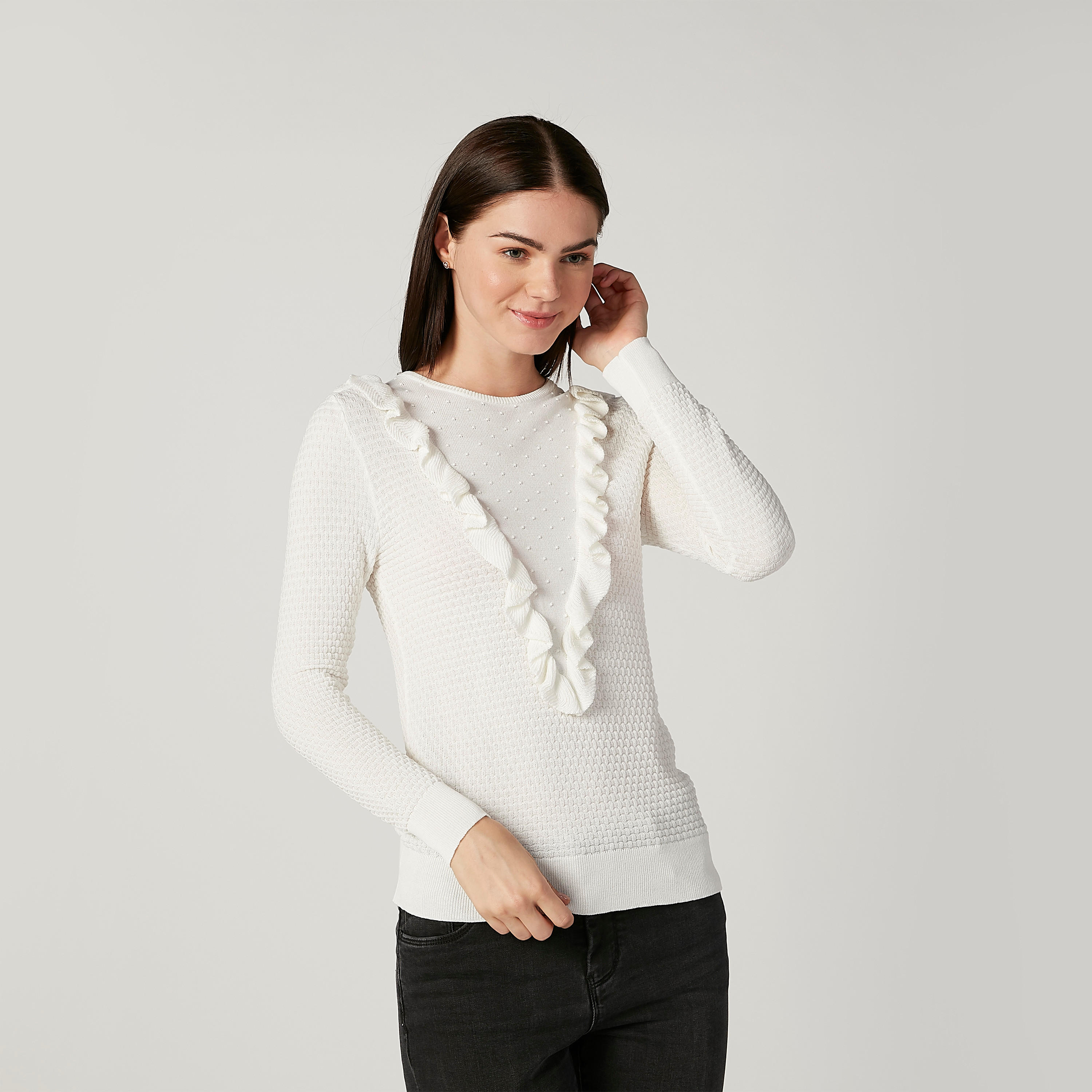 كنزة بارزة الملمس بأكمام طويلة وتفاصيل كشكش-women-clothing-cardigansandjumpers-jumpers-image-1