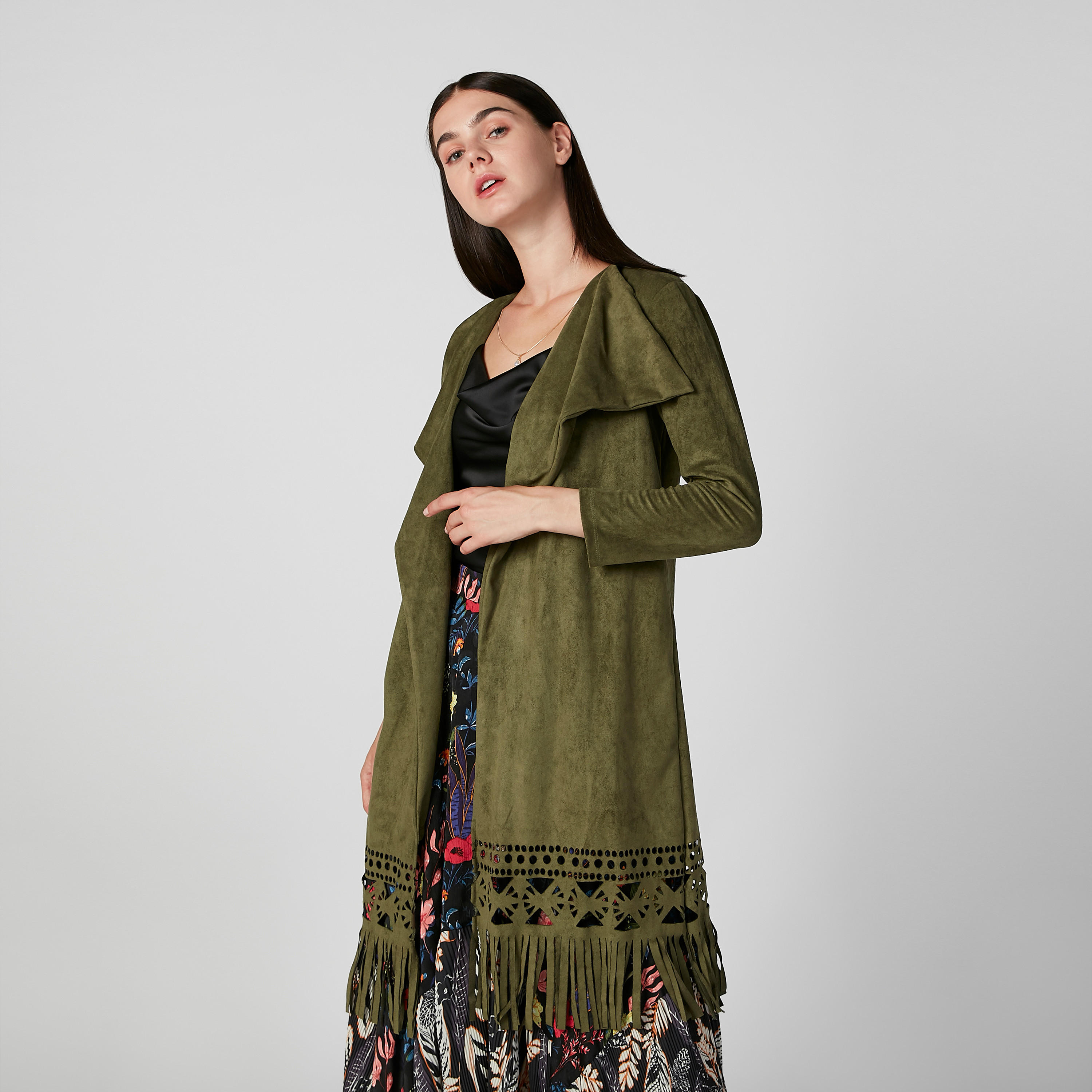 Textrued Cardigan with 3/4 Sleeves and Fringes-women-winterwear-cardigansandjumpers-cardigans-image-1